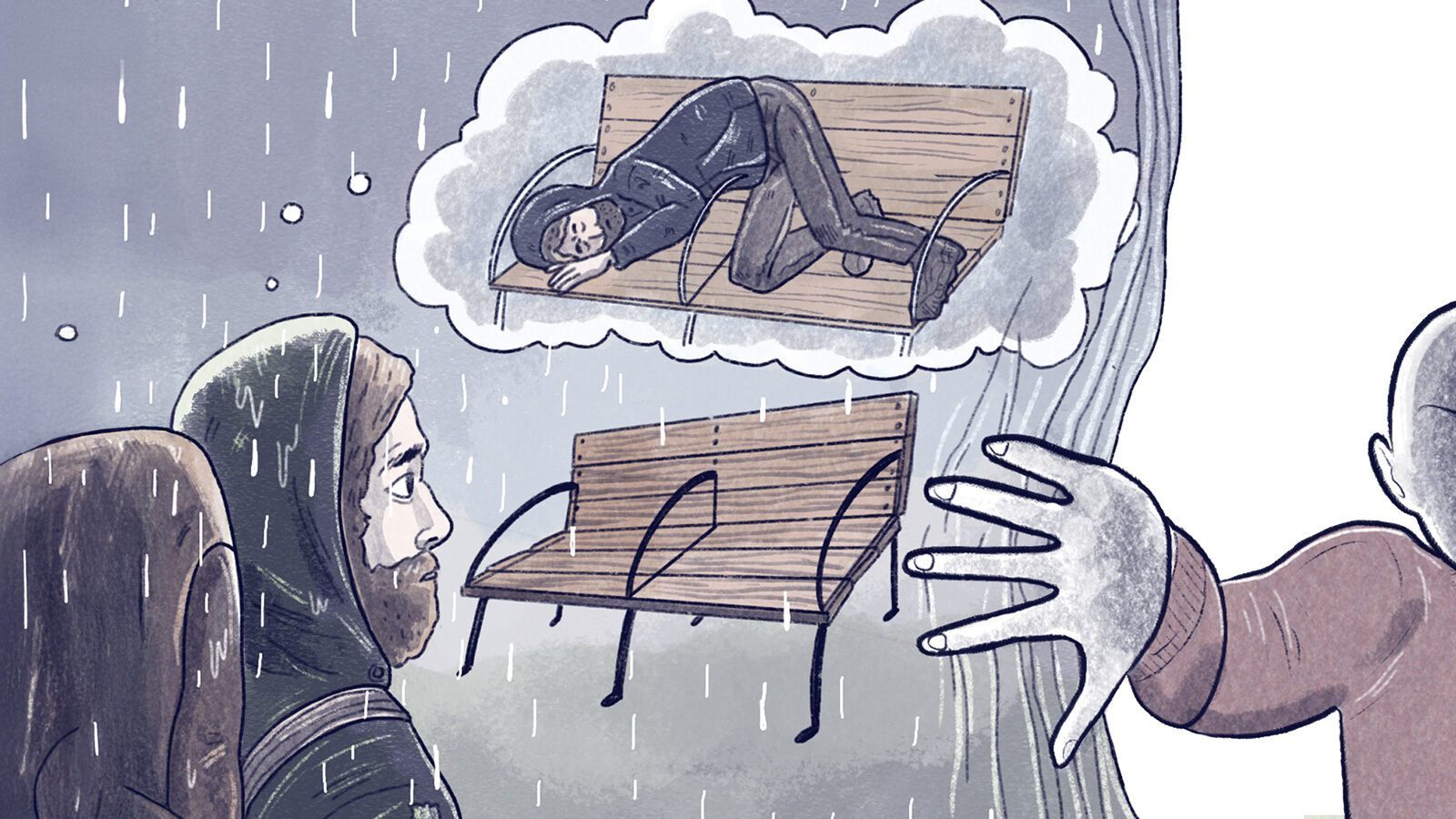Illustration of a person in a hooded jacket in the rain, imagining sleeping on a bench amidst Seattle's hostile architecture. A comforting hand reaches out nearby.