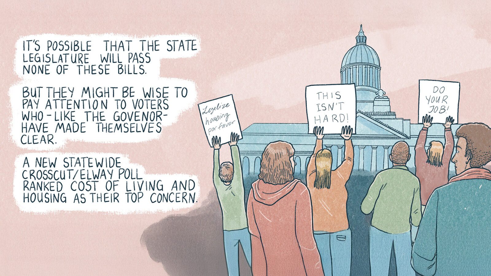 People holding signs in front of a government building, some reading "This Isn't Hard!" and "Do Your Job!" Text highlights voters' concerns about housing reform in Seattle and legislative actions on cost of living.