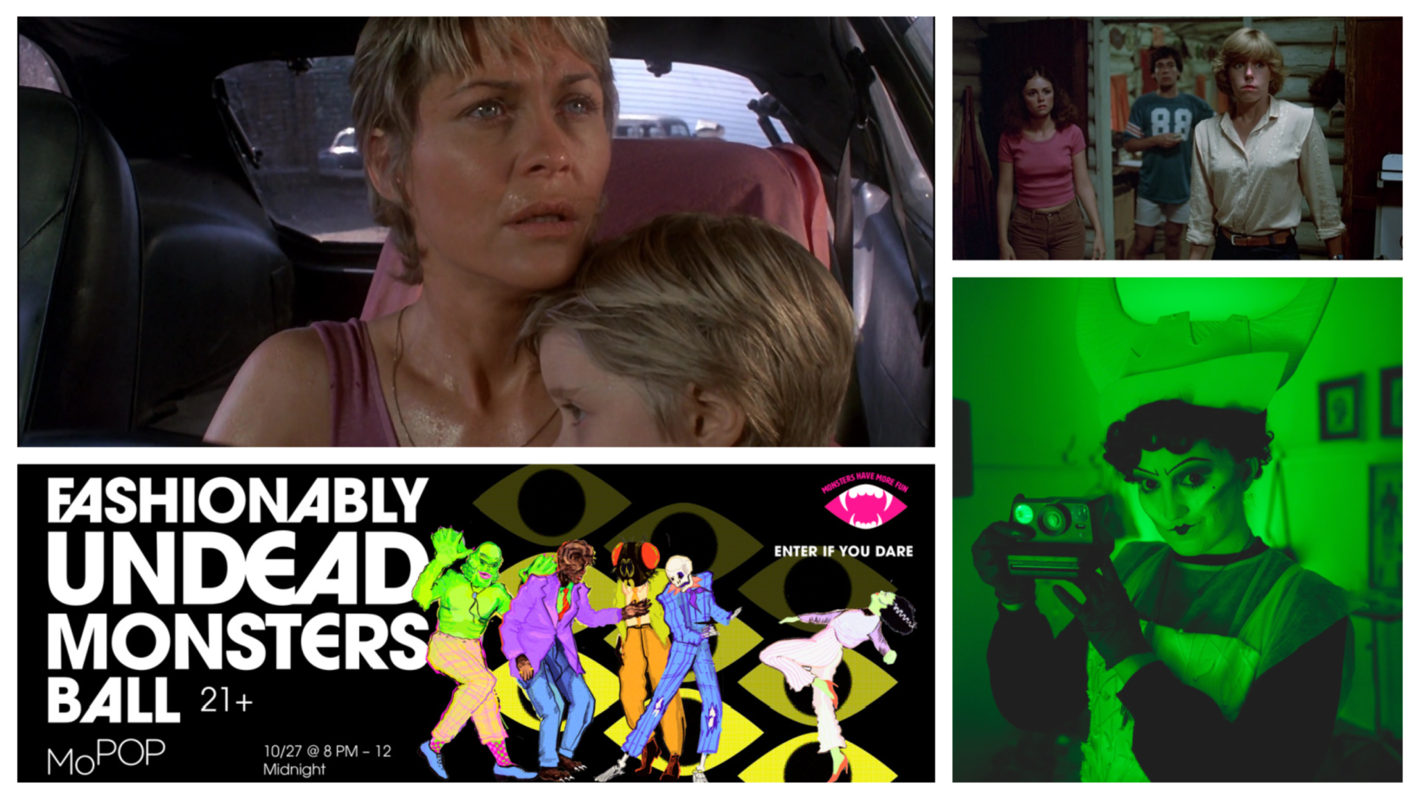 Clockwise from top left,  Cujo, Friday the 13th, Haunted Soiree, Fashionably Undead Monsters Ball. 