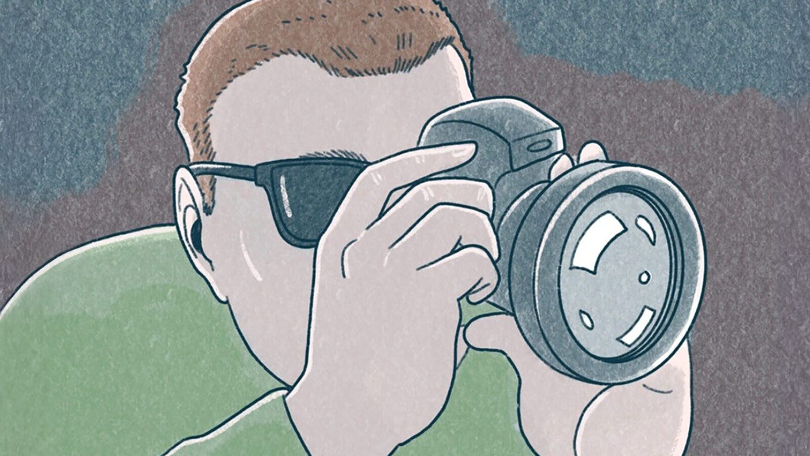 Illustration of a person wearing sunglasses, holding and peering through a camera against a brownish-blue shaded backdrop, capturing the essence of the bustling streets amidst reports of police crimes in Seattle.