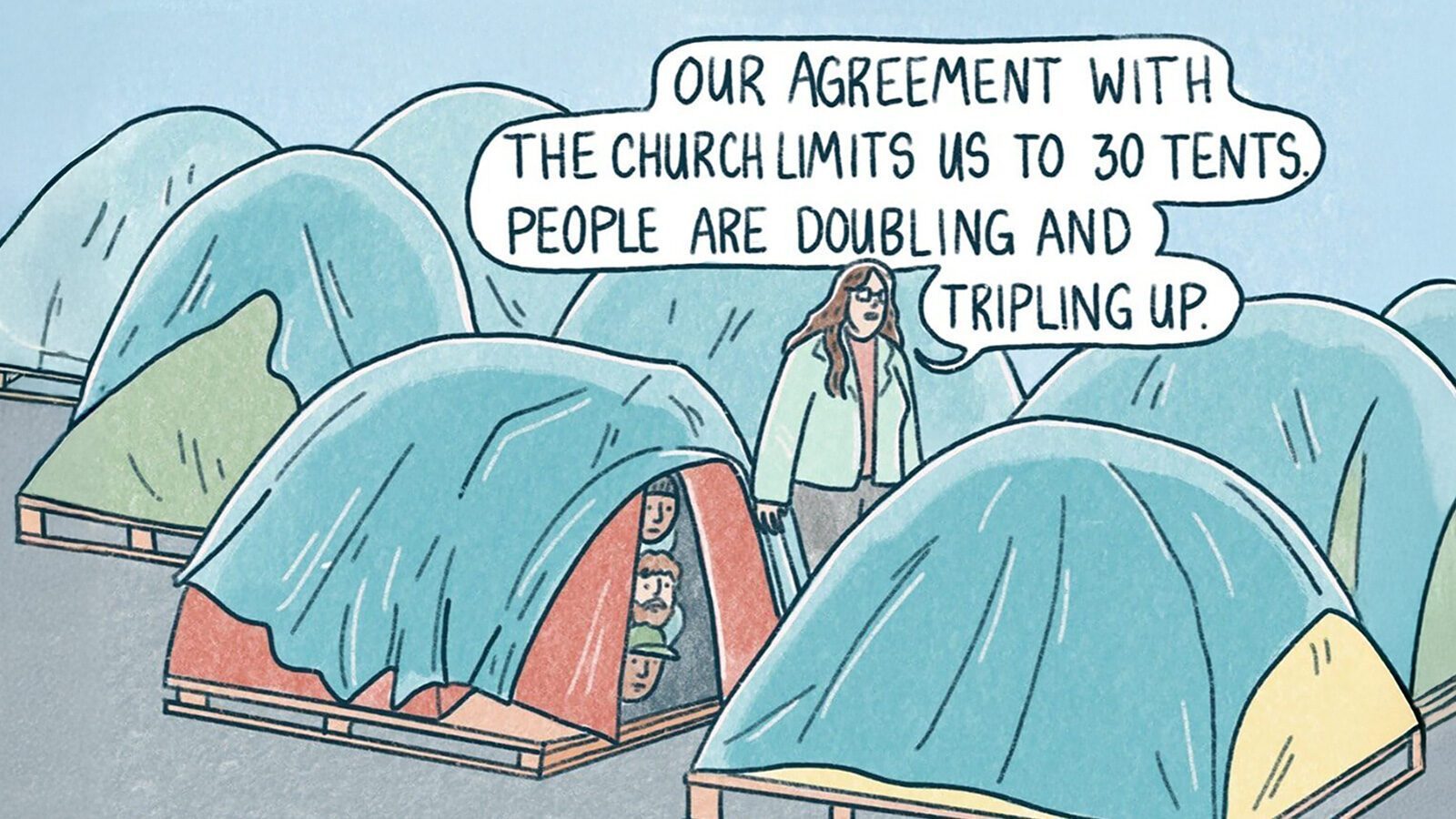 A person talks beside several tents at the Sunnydale encampment, saying, "Our agreement with the church limits us to 30 tents. People are doubling and tripling up." A few people are visible inside one of the tents. The encampment was sanctioned to meet housing needs.