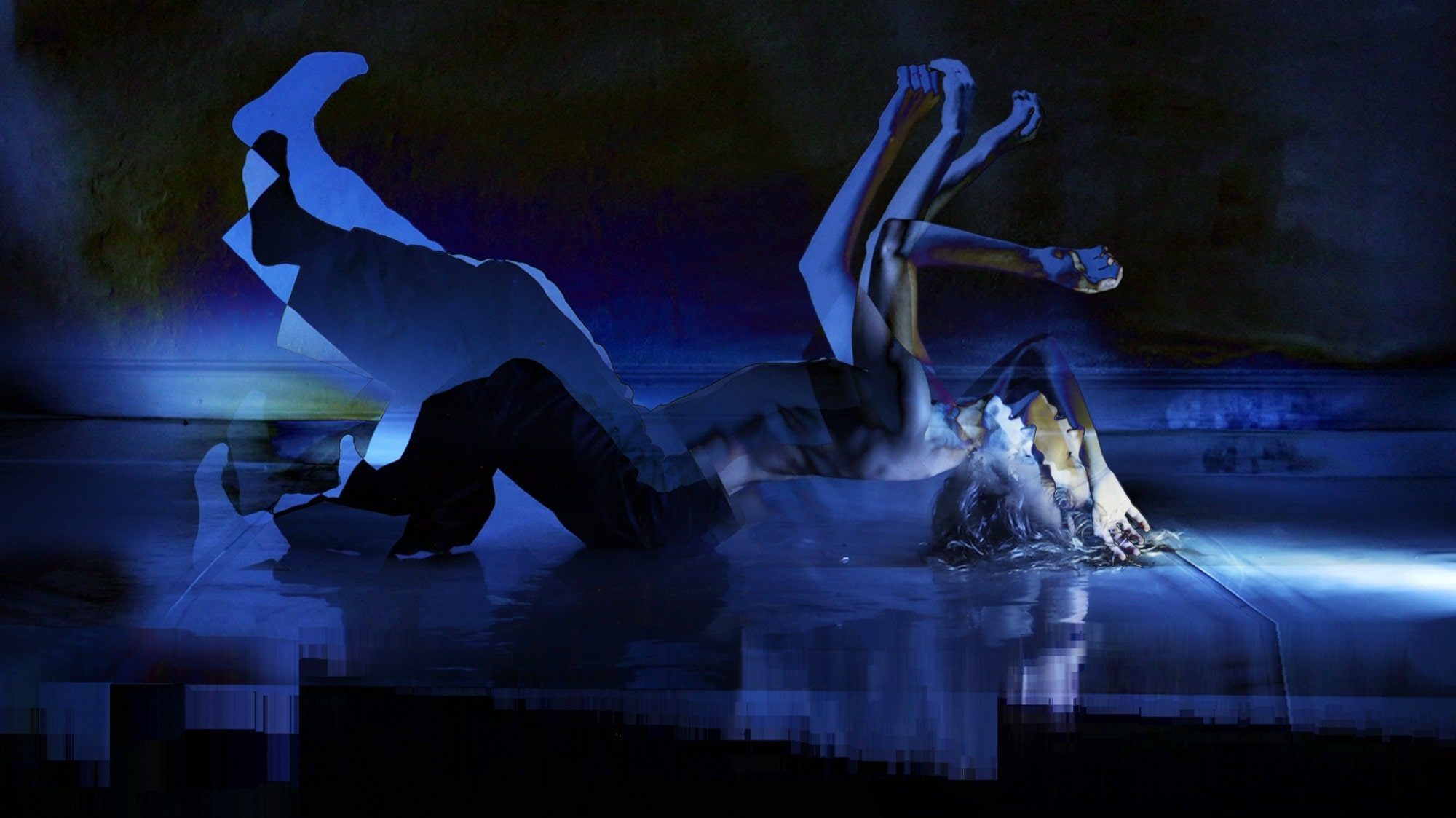 A digital artwork featuring a silhouette of a person in rehabilitation, merging with a realistic image of a person undergoing physical therapy by lying back in a shallow pool of water under blue lighting.