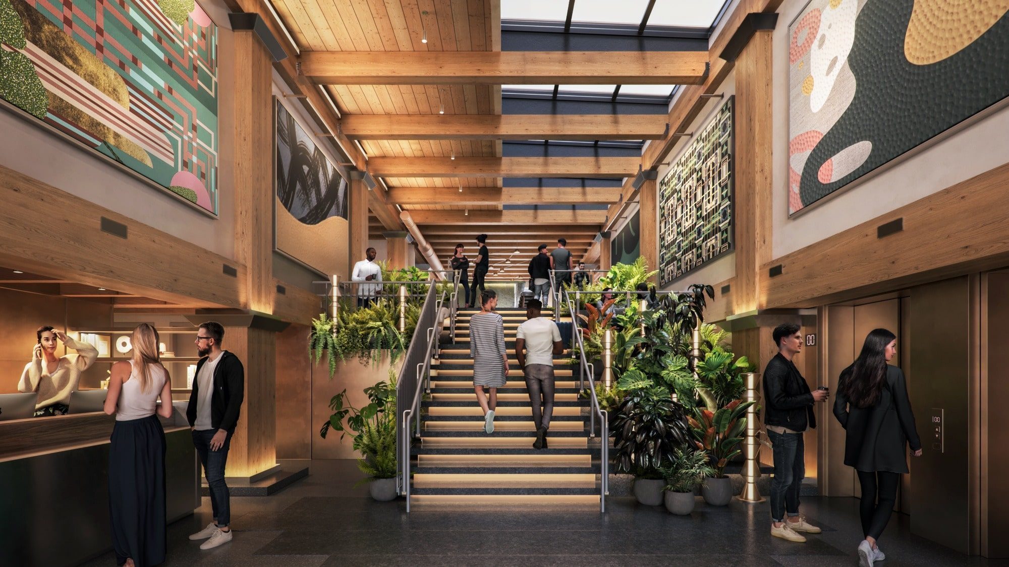 Modern office lobby with wooden elements, people socializing, a staircase in the center flanked by green plants, and large art pieces on the walls, enhanced by a luxury coffee bar.