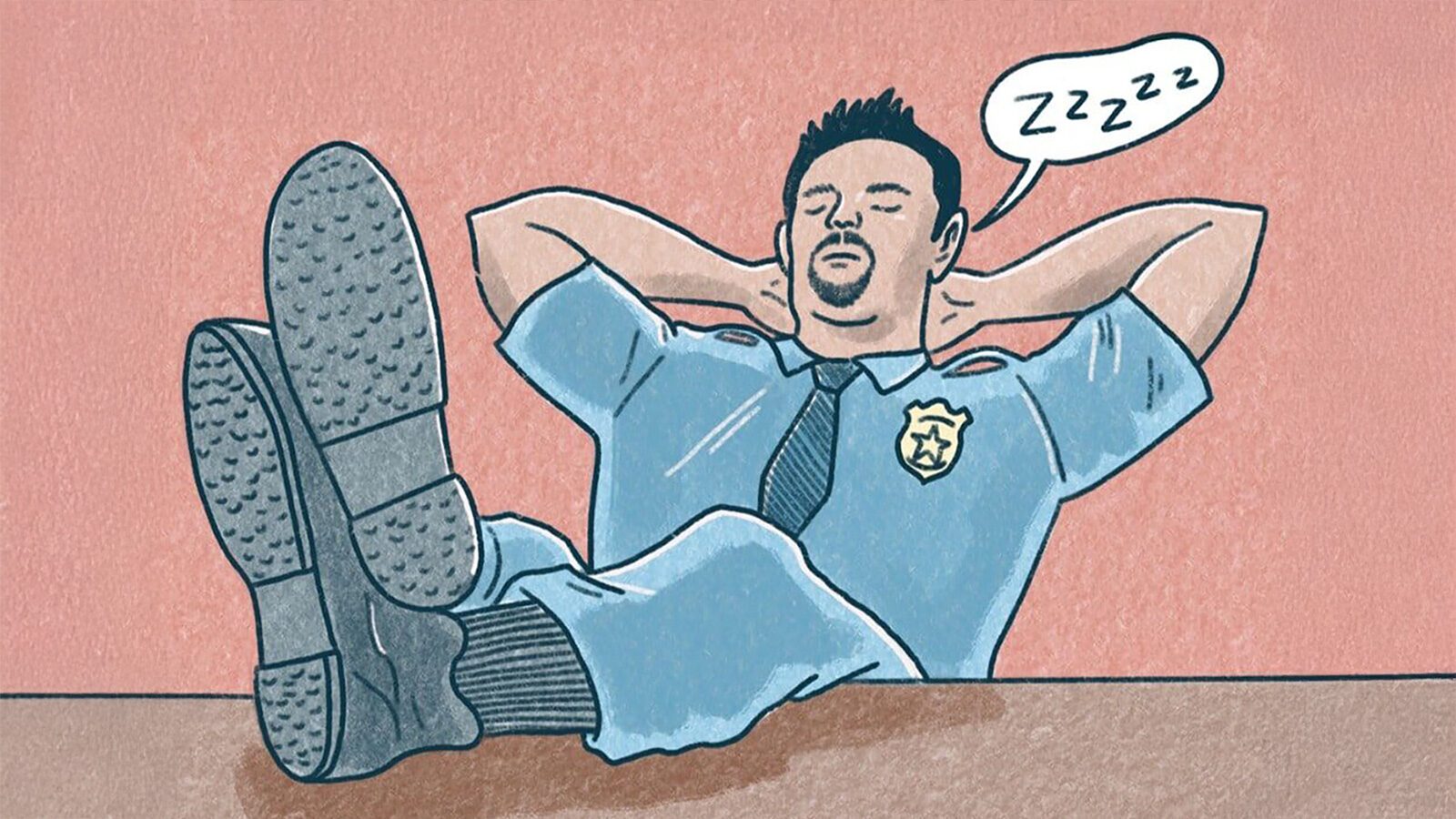 Illustration of a uniformed man with his feet up on a desk, eyes closed, and a speech bubble indicating he's sleeping with "Zzzz," seemingly unaware of the urgent need for non-violent solutions to homelessness.