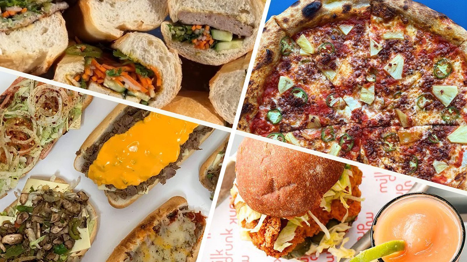 A collage of various food items including sandwiches with vegetables, a pizza with pineapples, assorted hoagies, and a chicken burger next to a drink. It's like an in-flight menu brought to life, showcasing delicious food options for every craving.