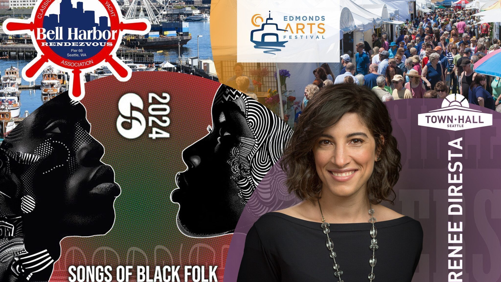A collage featuring the Bell Harbor Rendezvous, Edmonds Arts Festival logos, a crowd at an outdoor market, "Songs of Black Folk 2024" album cover, and a woman smiling in front of a Town Hall Seattle backdrop. Don't miss these Must List events on June 13!
