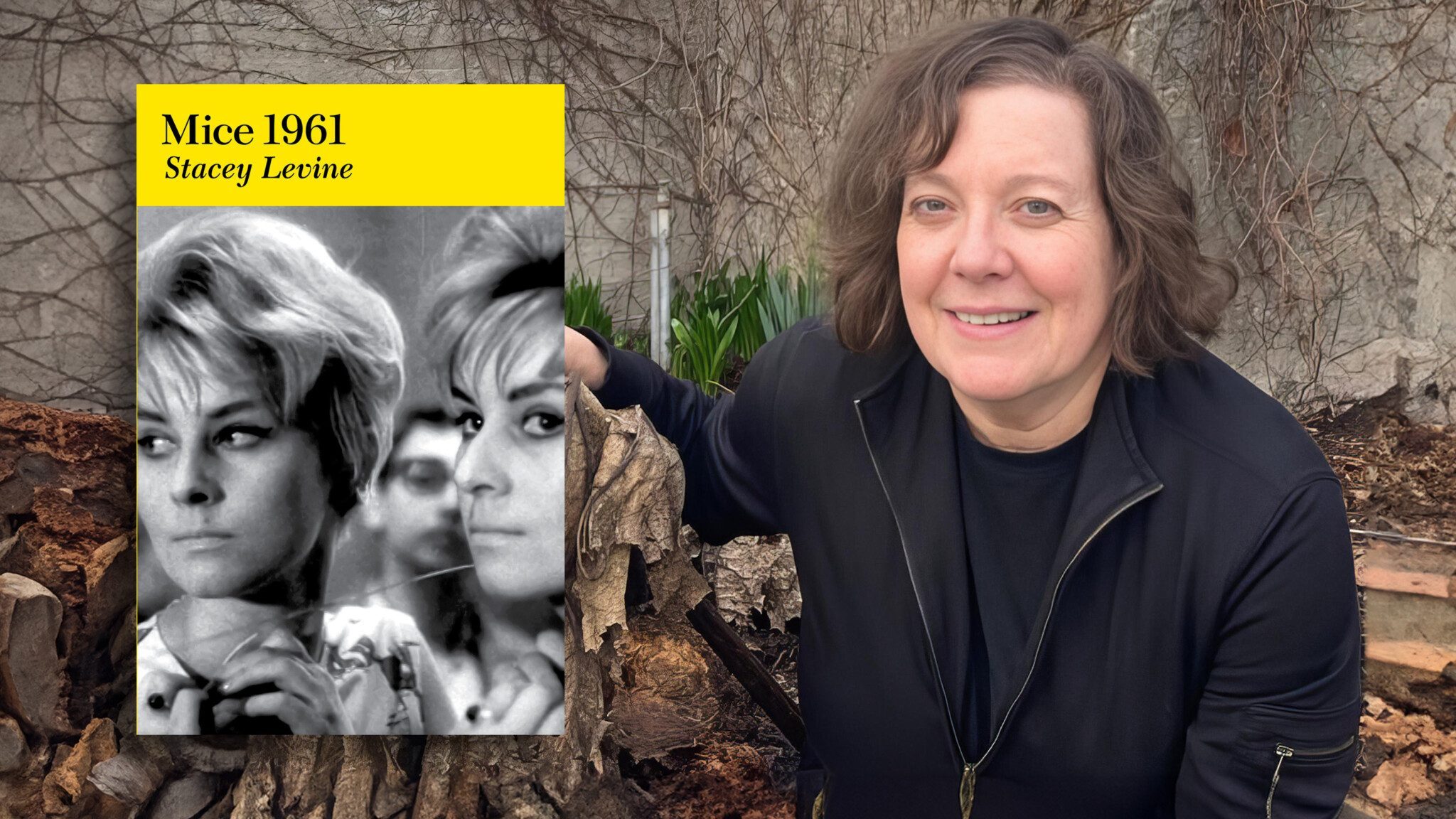 A person smiles outdoors, holding a book titled "Mice 1961" by Stacey Levine. The cover features two women in black and white, symbolizing their journey of finding freedom.