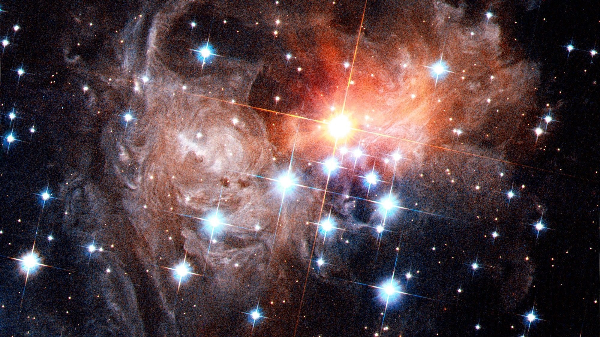 A bright star surrounded by glowing nebulae and numerous other stars in space, with light beams radiating from the main star, bringing summer vibes to the cosmic expanse.