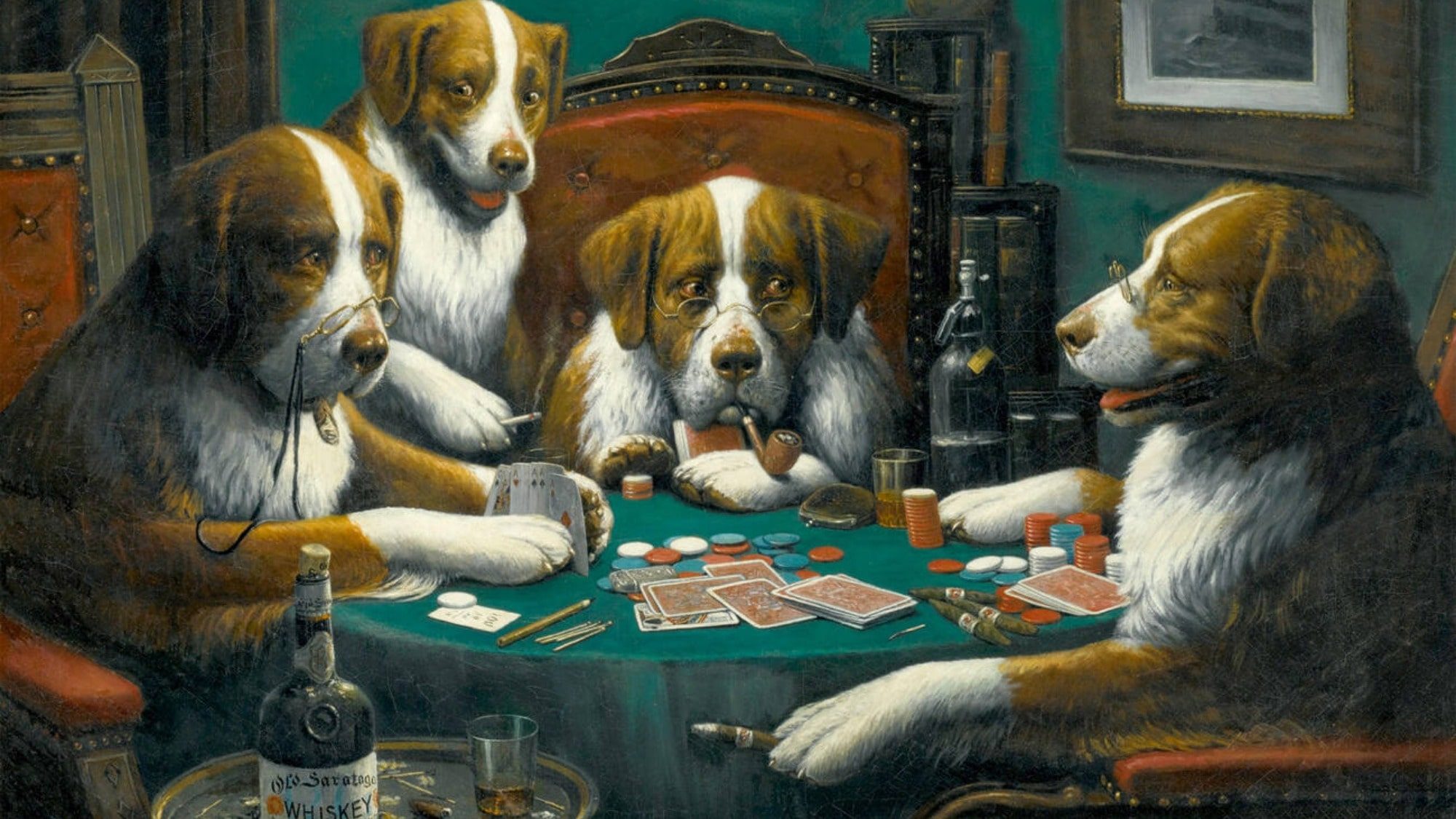 Four dogs dressed in human clothing are sitting around a table playing poker with cards, chips, bottles, and cigars. It looks like the ultimate night out, as if to suggest that women need men for such animated antics.