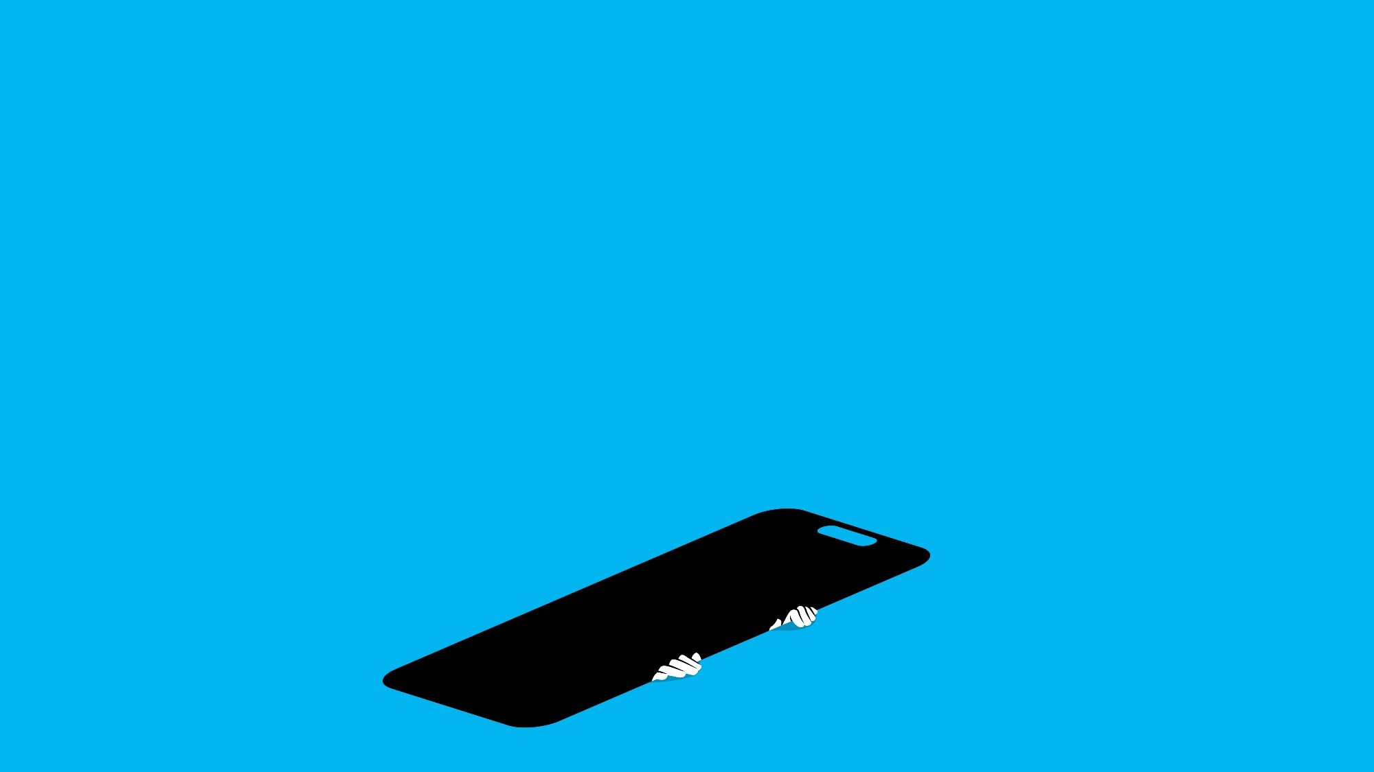 A black smartphone case with two small white hands grasping it from behind, set against a solid blue background, evokes a sense of reconnection and resilience in the post-pandemic era.