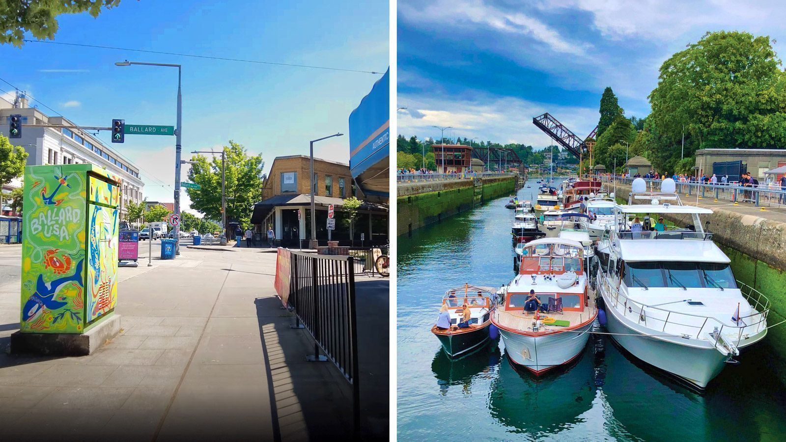 Ballard Avenue Historic District (left) and the Ballard Locks (right).