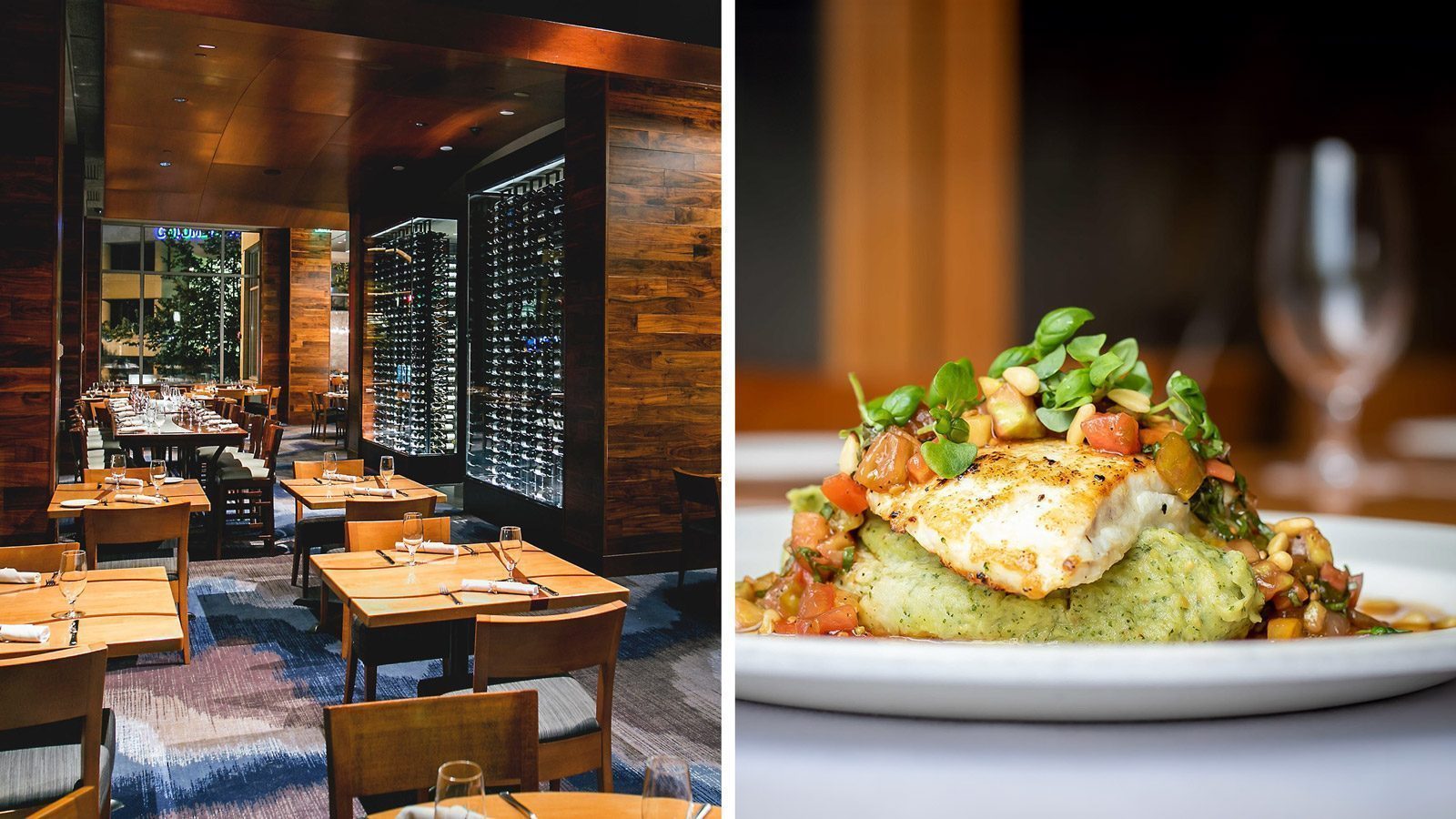 At Seastar Restaurant, the modern interior features wooden tables and chairs on the left, while on the right, a plated seafood dish with fresh vegetables and herbs awaits your delight. Indulge in our creative presentations at the Raw Bar for an unforgettable culinary experience.