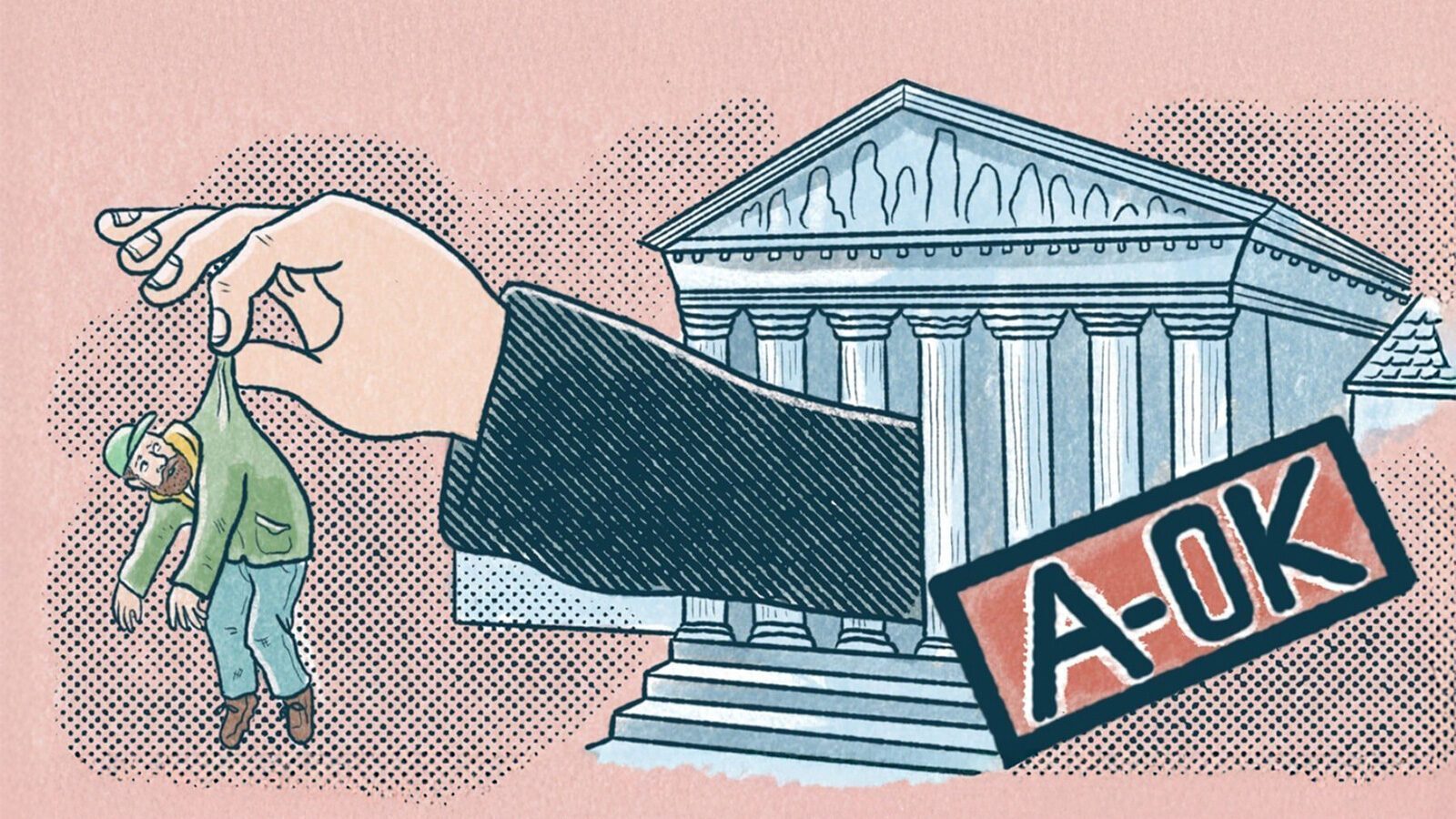 Illustration of a hand in a suit holding a person in front of a classical building with a sign reading "A-OK," subtly highlighting the impact of discriminatory policies.