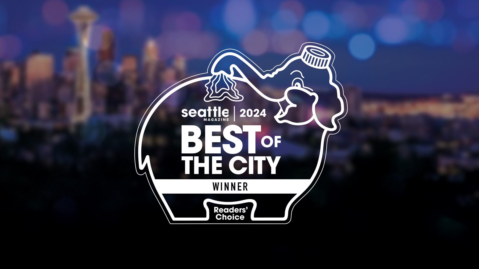 Best of the City 2024" winners logo by Seattle Magazine, featuring the silhouette of an elephant against a blurred cityscape background, celebrating readers' choice.