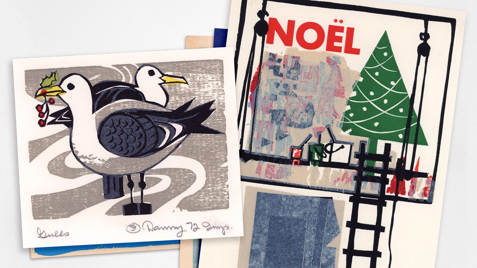 A festive collage of handmade holiday cards showcases an illustration of two birds with holly and a Christmas tree, adorned with the word "Noel" in bright red letters, spreading seasonal cheer.