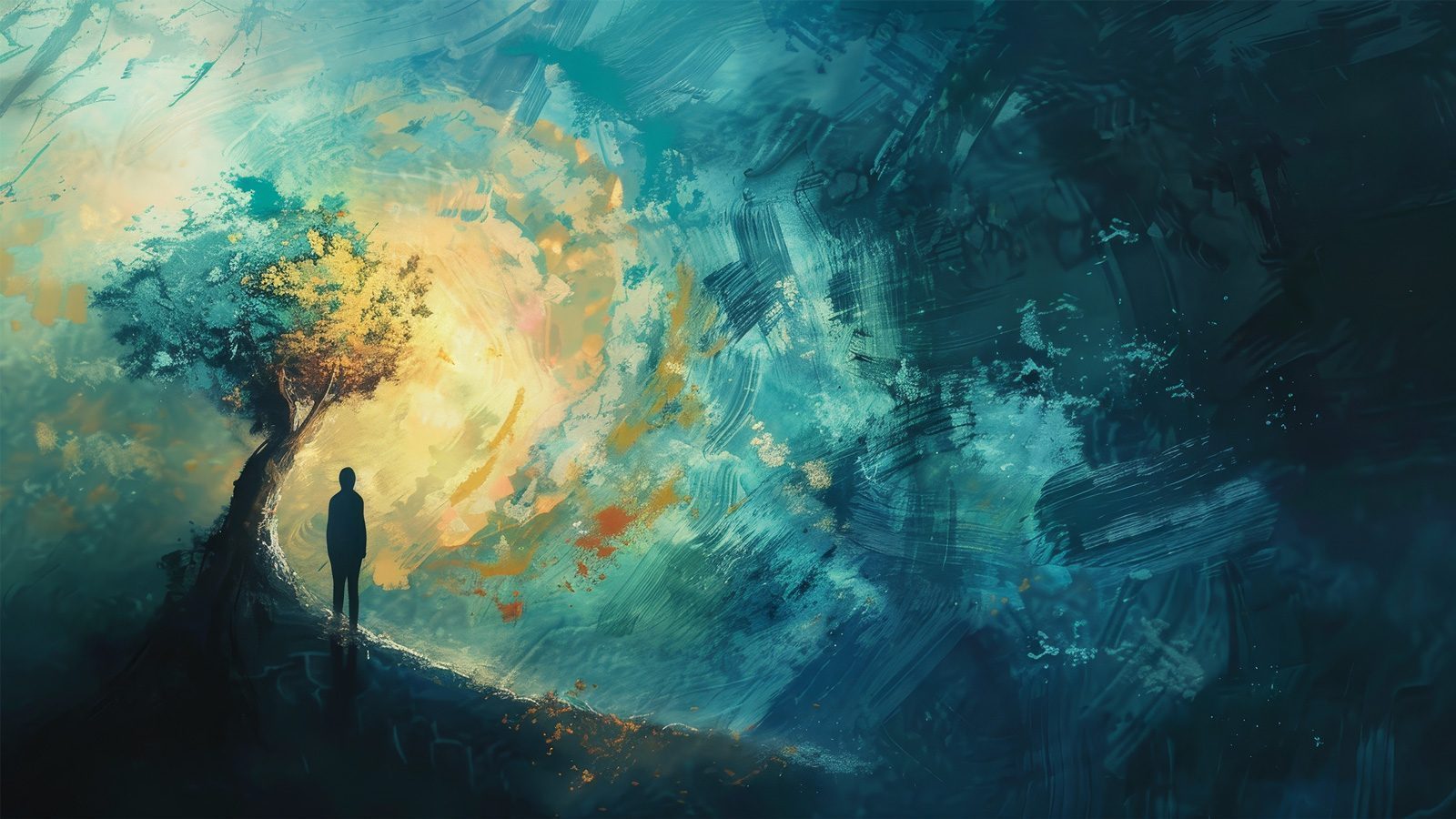 A person stands beneath a tree on a hill, facing a swirling, vibrant mix of blues and warm colors in the sky, engaged in a grudge detox, releasing toxic thoughts to the gentle breeze.