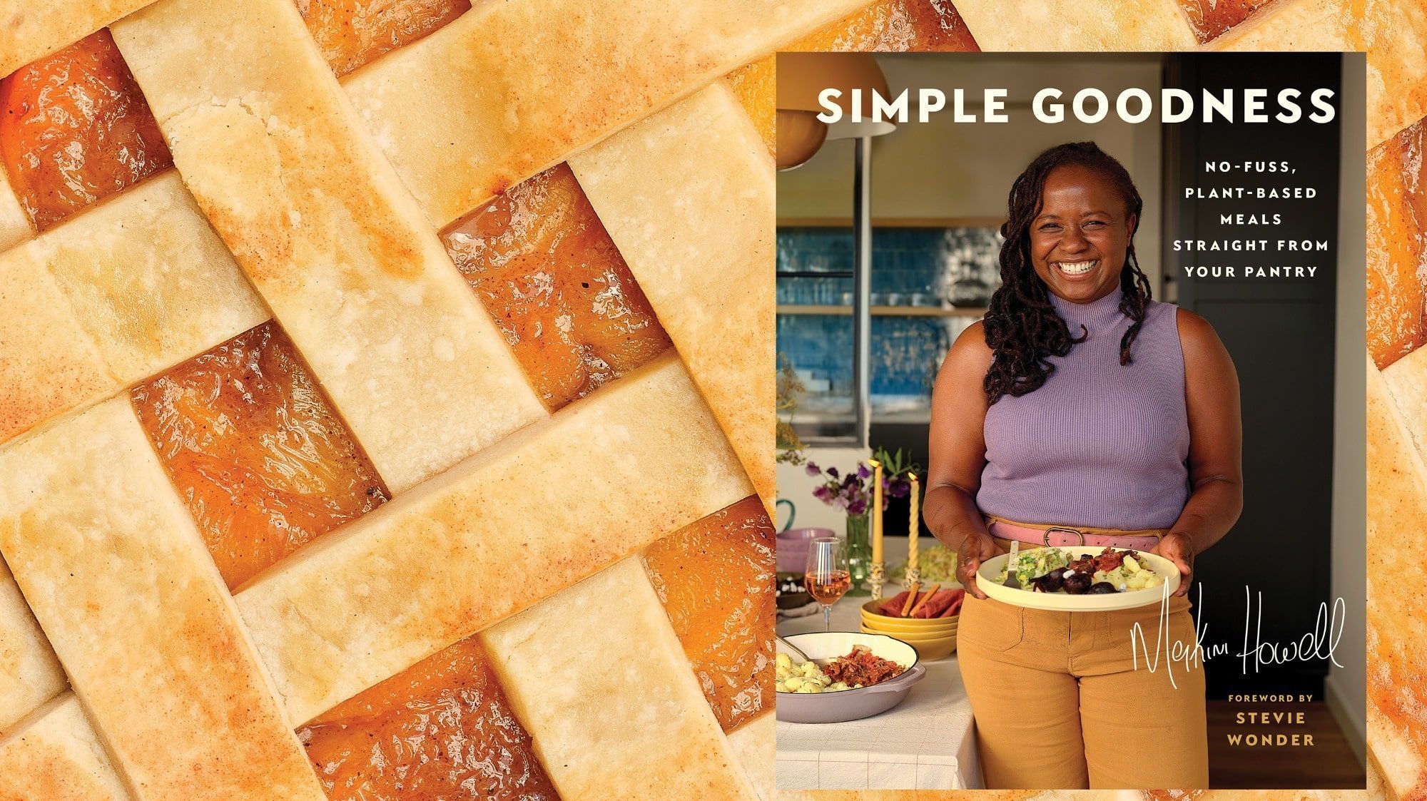 Book cover titled "Simple Goodness" featuring a smiling person holding a salad, with a pie crust pattern background. Chef Makini Howell, known for her vegan recipes, brings her culinary magic to life in this delightful illustration.
