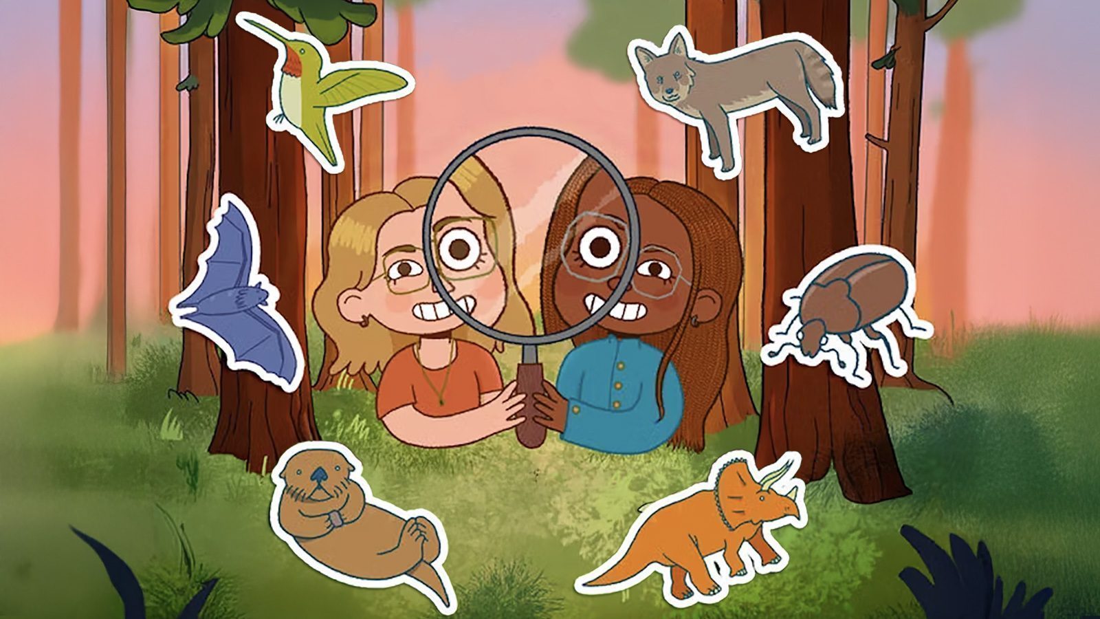 Two children hold a magnifying glass in a forest, exploring the mysteries of nature. Surrounding them are stickers of a hummingbird, bat, otter, fox, beetle, and triceratops. Their eyes wide with wonder as they delve into the creepy crawly world around them.