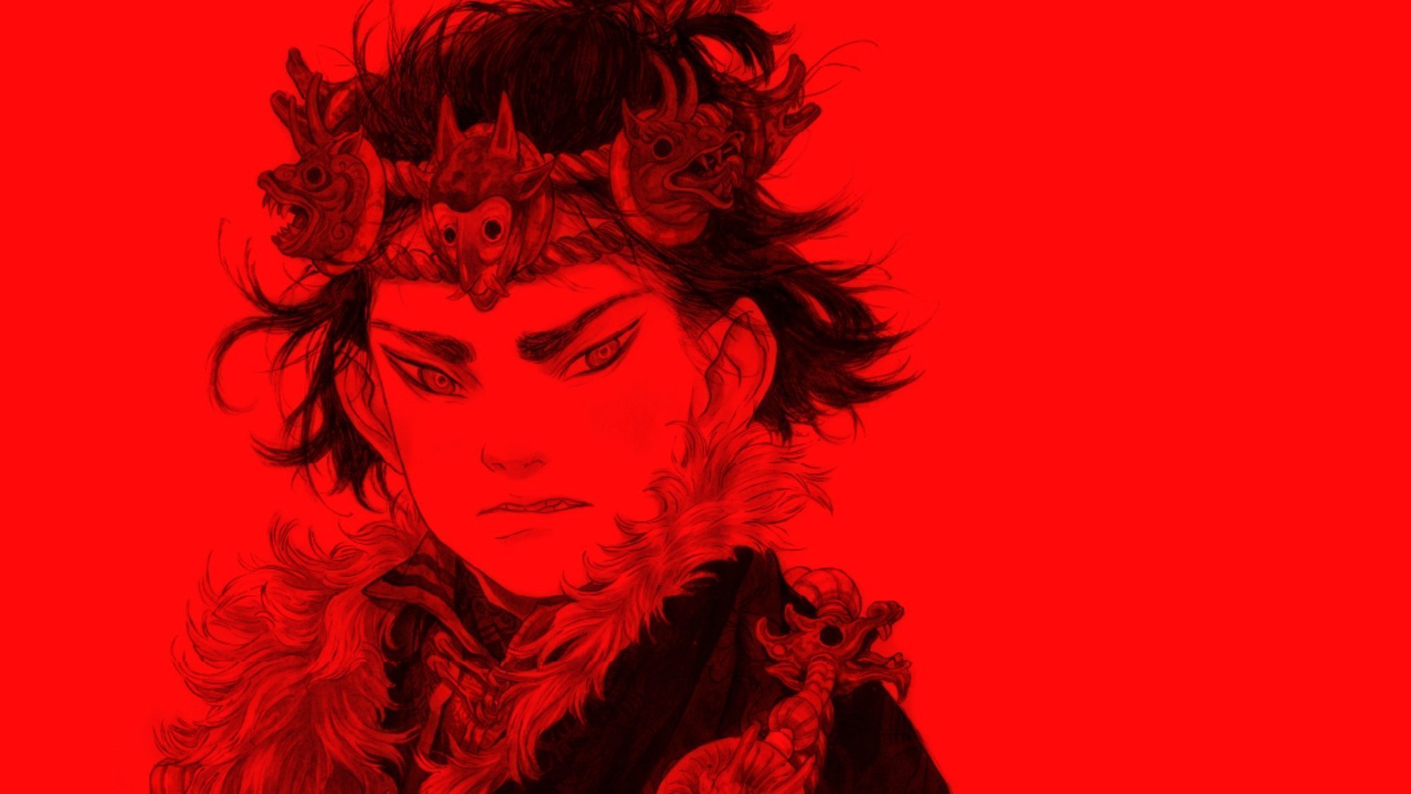 Illustration of a character with a stern expression, wearing a crown adorned with ornate beast-like figures, set against red panels.