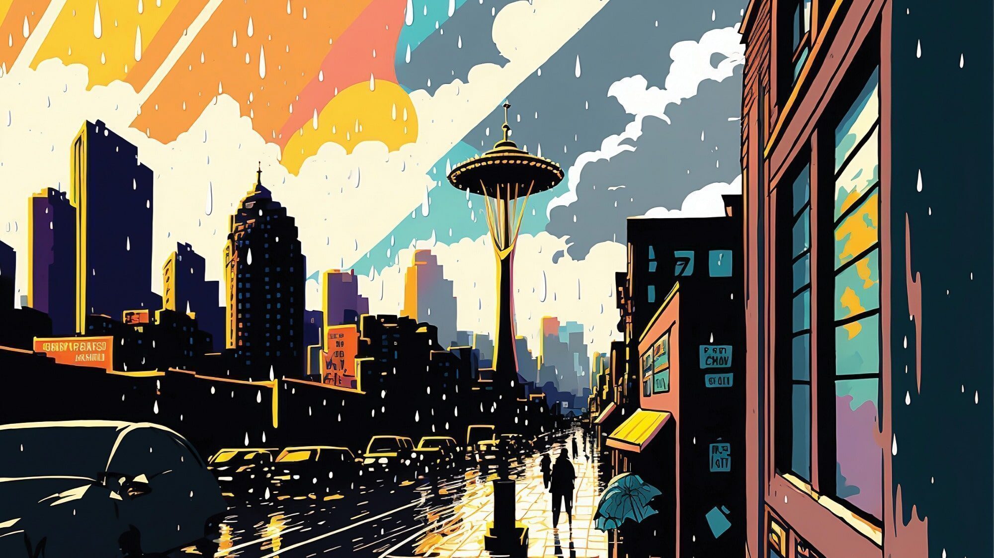 An illustrated cityscape captures the vibrant essence of Seattle, featuring a silhouette of its iconic tower against a colorful sky. Raindrops fall softly on cars and a pedestrian, hinting at the dynamic changes in Seattle amidst its ever-evolving urban landscape.