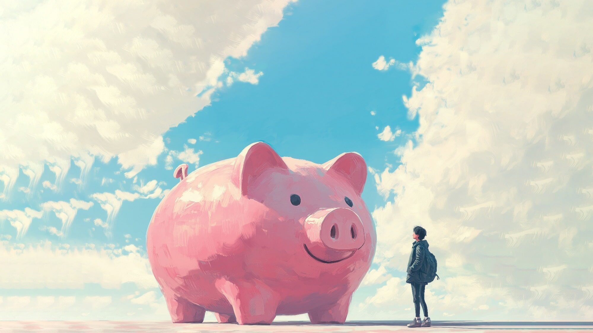 A person stands in front of a giant pink piggy bank, symbolizing their journey at Youth Finance University, beneath a partly cloudy sky.