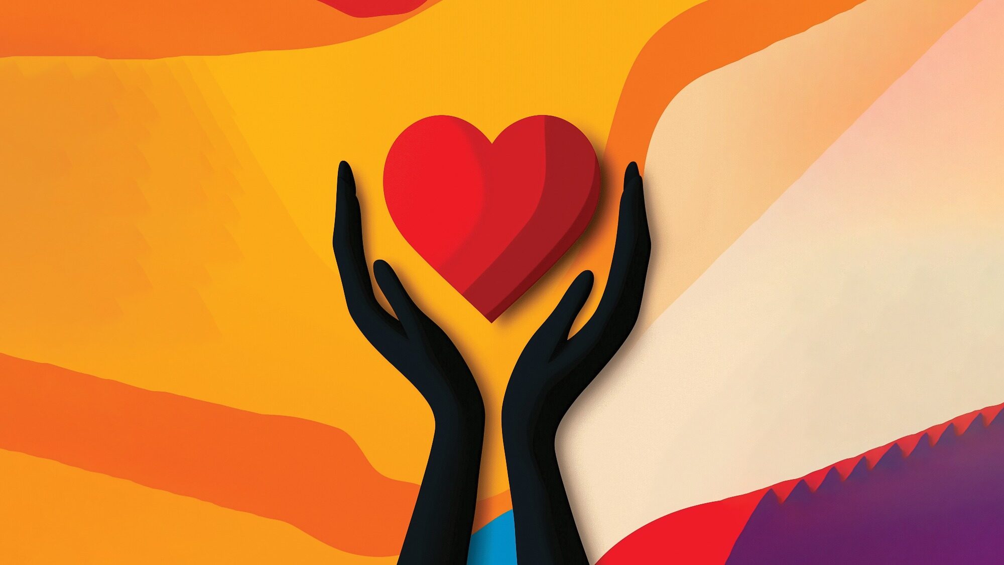 Illustration of two black hands gently cradling a red heart against a vibrant, multicolored background, symbolizing the cycle that certain people find themselves in following significant events.