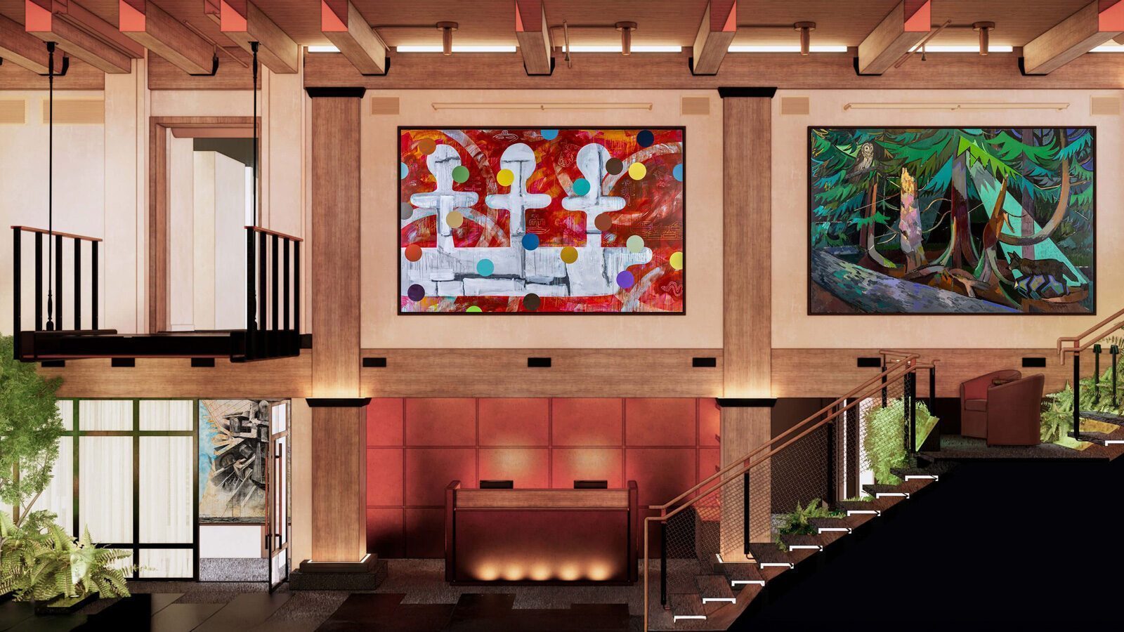 This exciting hotel lobby features modern art adorning the walls, wooden ceiling beams, and a staircase on the right. At its heart lies a sleek reception desk surrounded by lush greenery, welcoming guests to one of the most anticipated 2025 hotel openings.