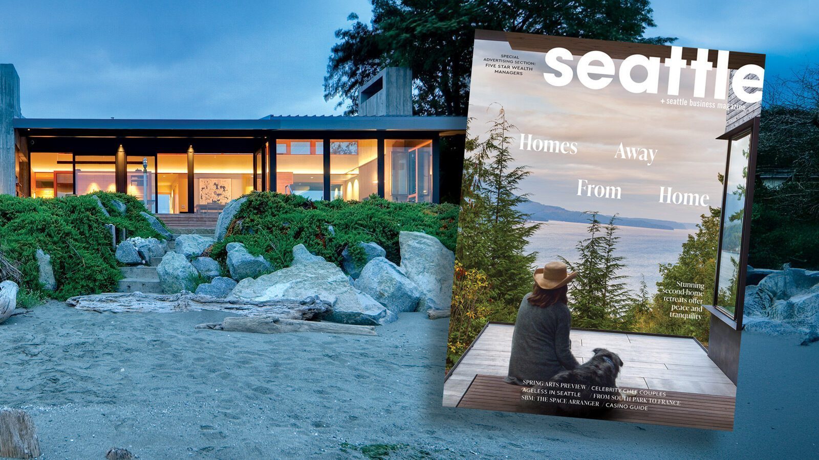 Magazine cover titled "Seattle" showcases a person and their dog relaxing on a deck, soaking in serene views of water and trees. Beside them, a modern glass-facade house stands tall at dusk—a testament to second homes that age well amidst the natural beauty of the Pacific Northwest.