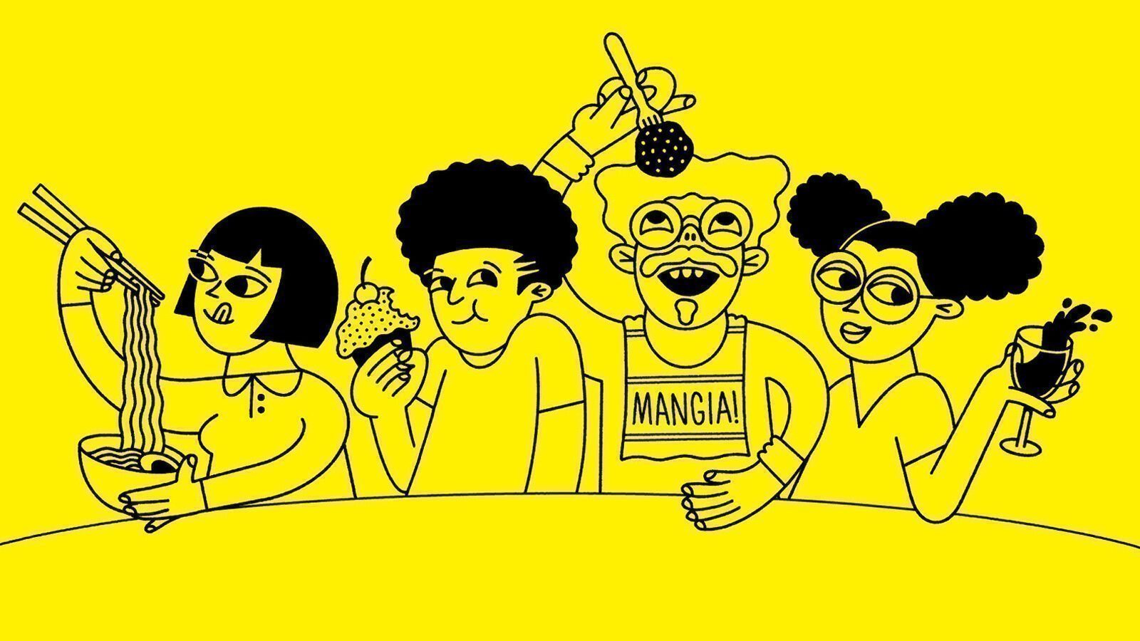 Amidst a yellow backdrop, four people savor diverse delights at Feast Fest. One masterfully wields chopsticks for noodles, while others indulge in ice cream, a food skewer, and a wine glass.