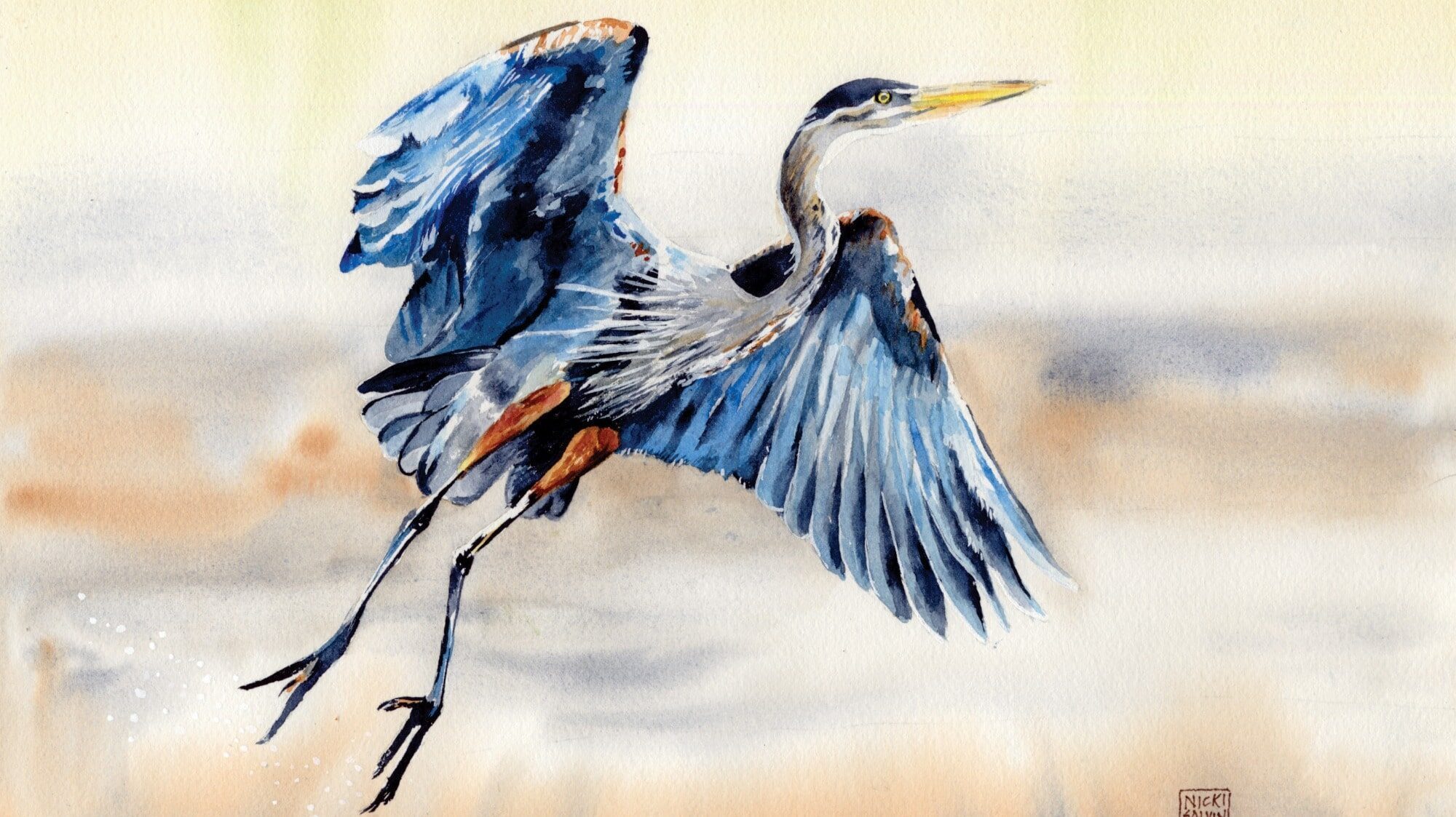 Watercolor painting of a blue heron in mid-flight with wings spread, set against a soft, blurred background—perfect for Mother’s Day or as a highlight piece during the Camano Island Studio Tour for those who appreciate good art.