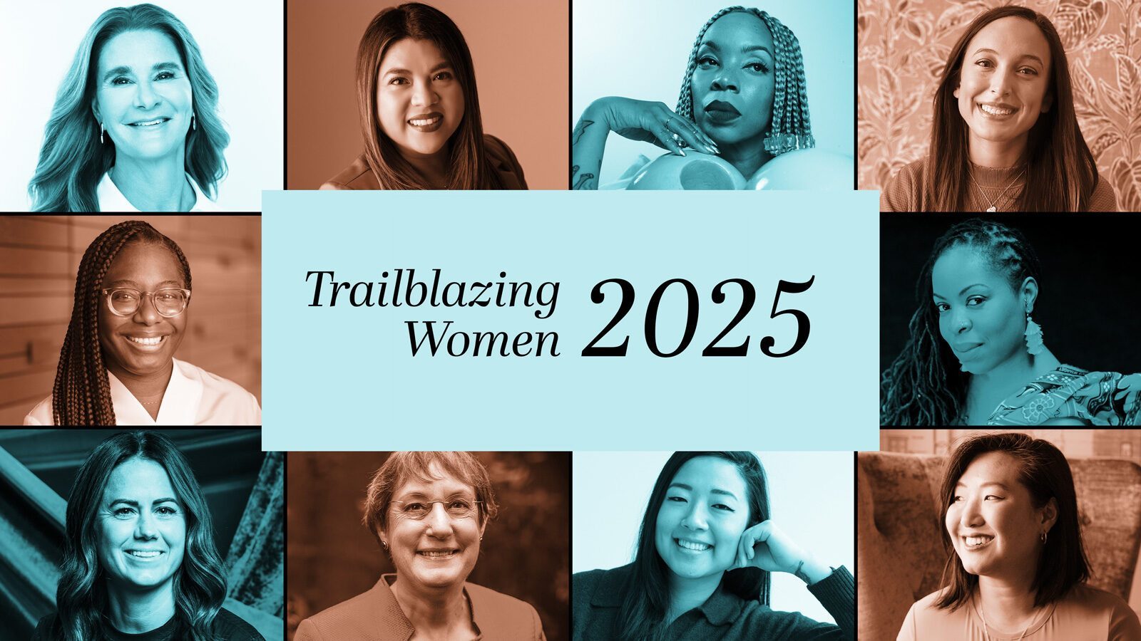 A collage of trailblazing women surrounds a central text that reads "Trailblazing Women 2025.