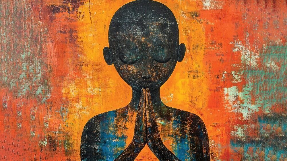 Abstract painting of a dark silhouette figure with hands pressed together in prayer, set against a textured orange and yellow background, capturing the ongoing struggle for women's rights.