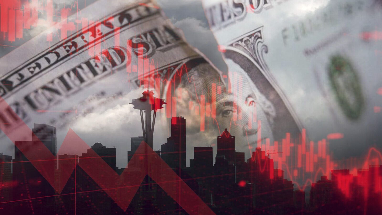 A city skyline with falling stock market charts in red, overlaid with close-up images of U.S. dollar bills and cloudy skies, captures the impact of shifting economic trends and emerging economic fault lines.
