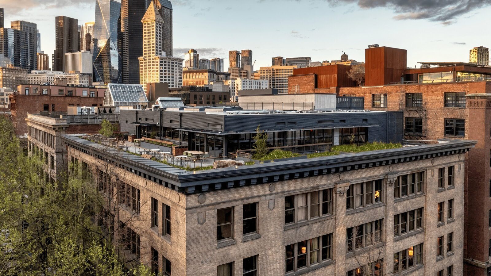 A modern rooftop terrace with greenery sits atop a brick building in an urban cityscape, as Pioneer Square gets its first rooftop bar amid the high-rise buildings in the background.