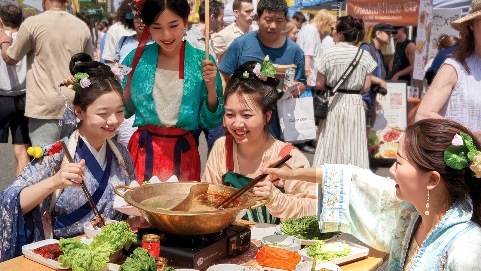 Four women in traditional Asian attire sit around a table cooking hot pot outdoors, surrounded by vegetables and onlookers at Seattle summer’s bustling Panda Fest street market.
