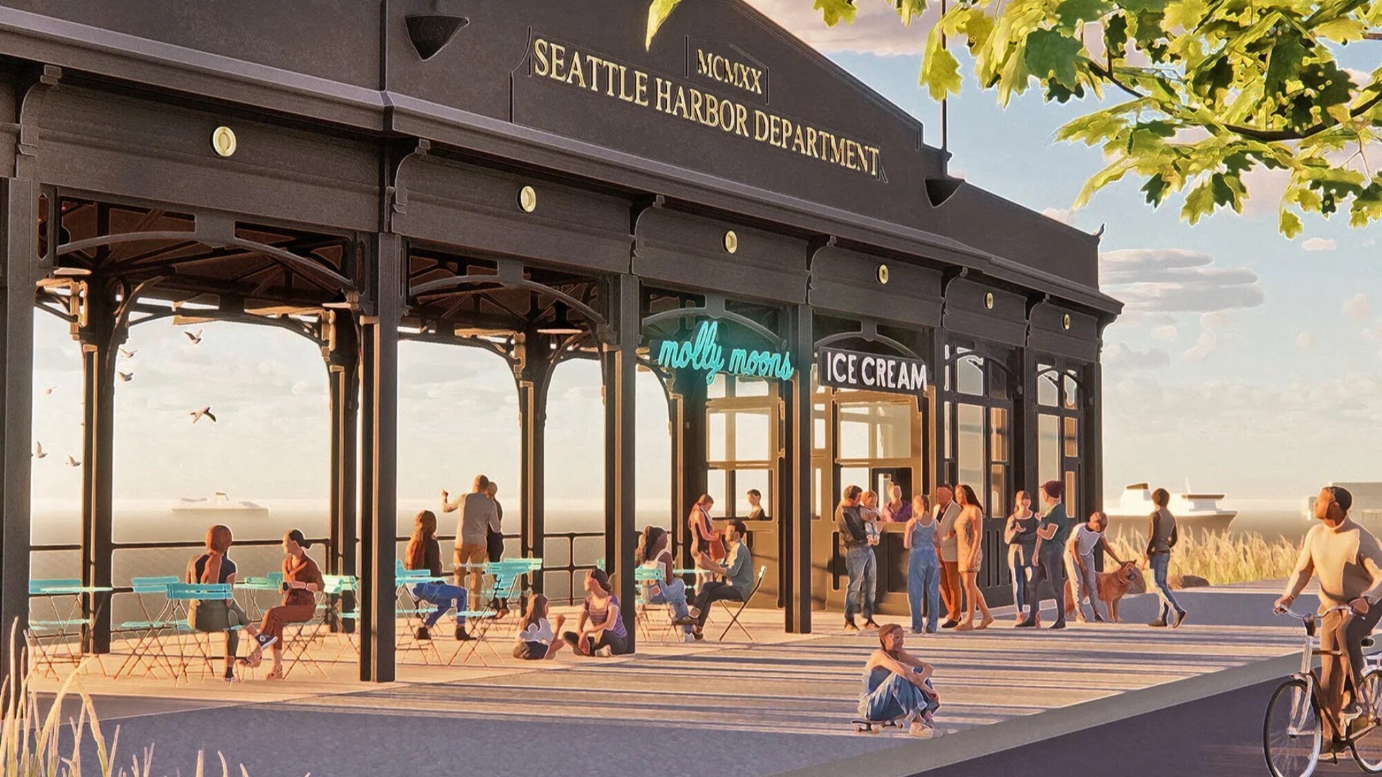 People gather outside a waterfront ice cream shop under a covered structure labeled "Seattle Harbor Department," with outdoor seating and views of water in the background.