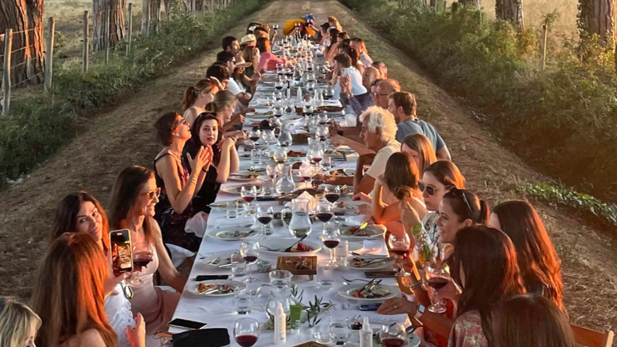 A long outdoor table set for a meal, with many people dining and conversing on both sides, surrounded by trees and countryside at sunset.