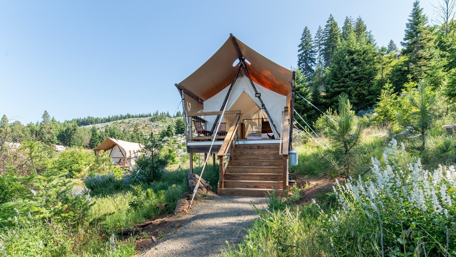 A canvas glamping tent with a wooden deck is elevated on a platform among greenery and pine trees, creating the perfect Gorge-ous Getaway for your next forest travel adventure.