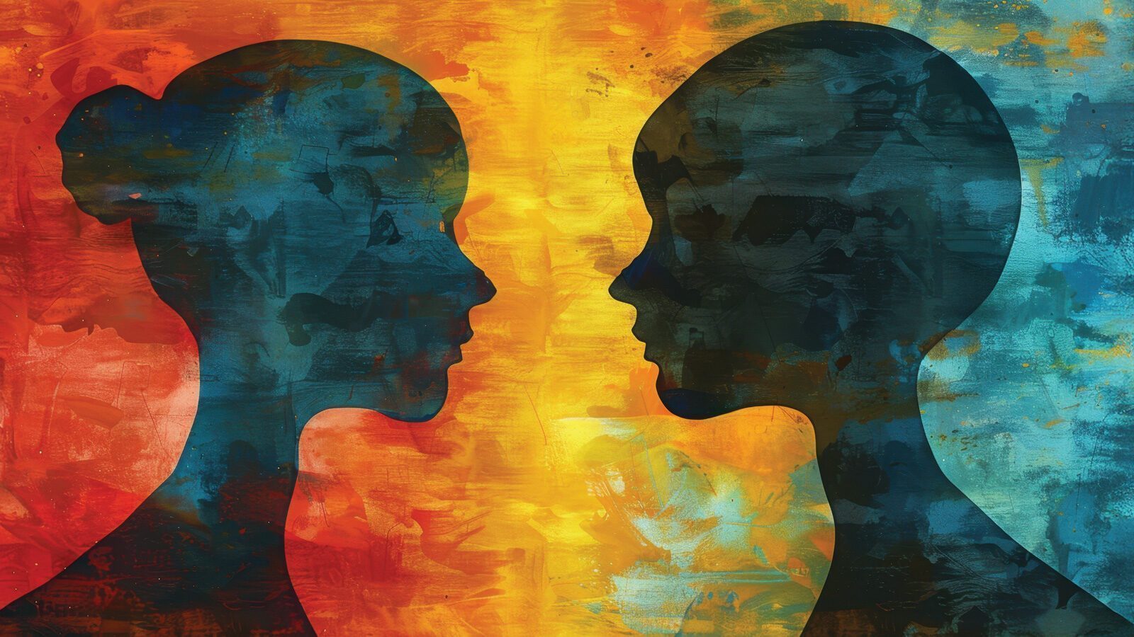 Abstract painting of two dark human silhouettes facing each other, with a colorful background blending warm reds, yellows, and cool blues, exploring themes of friendship and lifelong connections rather than romantic relationships.