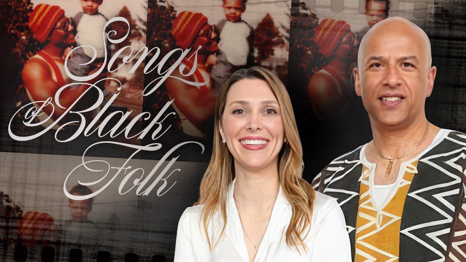 A woman and a man stand in front of a background with childhood photos and the cursive text "Songs of Black Folk," celebrating its Tribeca Debut.