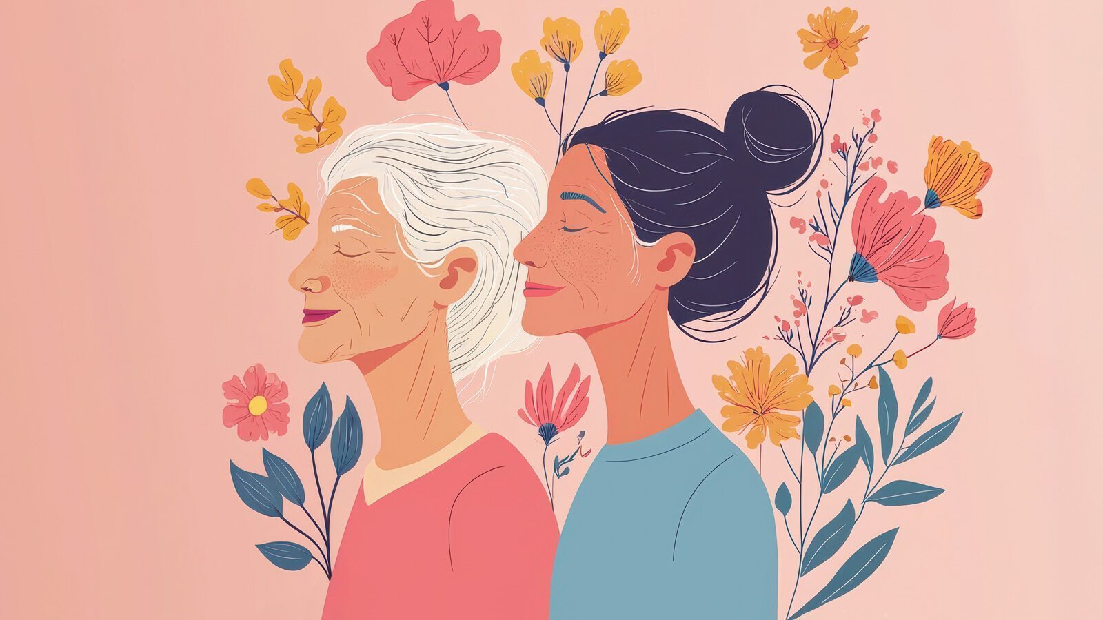 Illustration of two women, one older with white hair and one younger with dark hair, standing back-to-back, surrounded by colorful flowers on a pink background, symbolizing a longer life and better quality of life across generations.