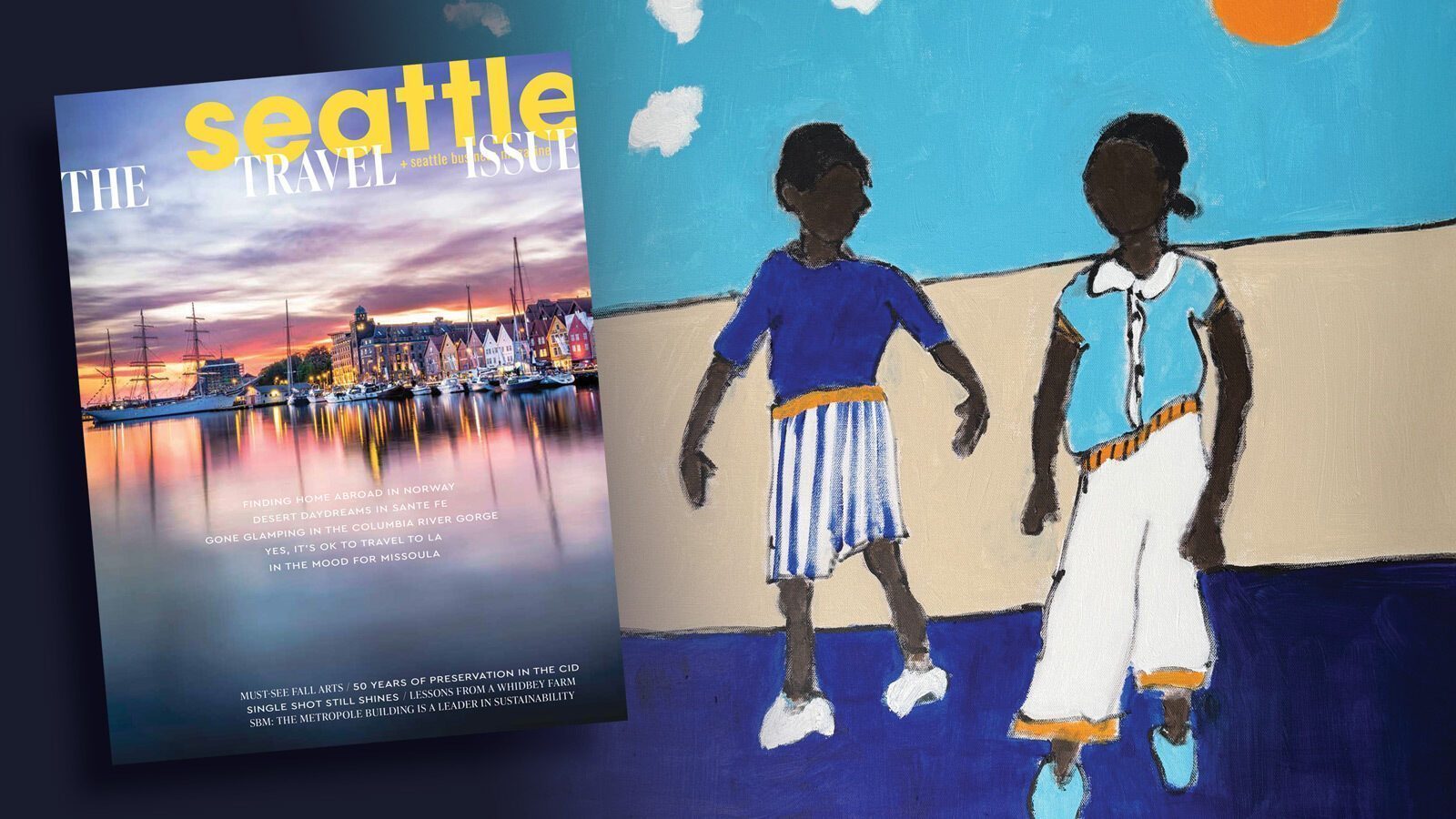A magazine cover featuring a harbor scene with boats and buildings, alongside an illustration of two children holding hands on a blue and yellow background.