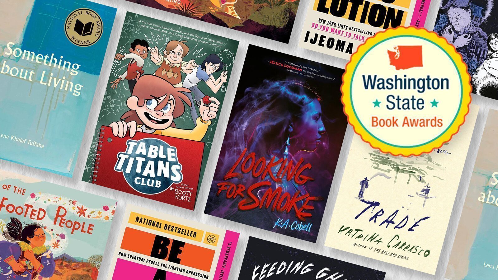 A selection of book covers is displayed, with a "2025 Washington State Book Awards winners" badge prominently featured on the right side of the image.