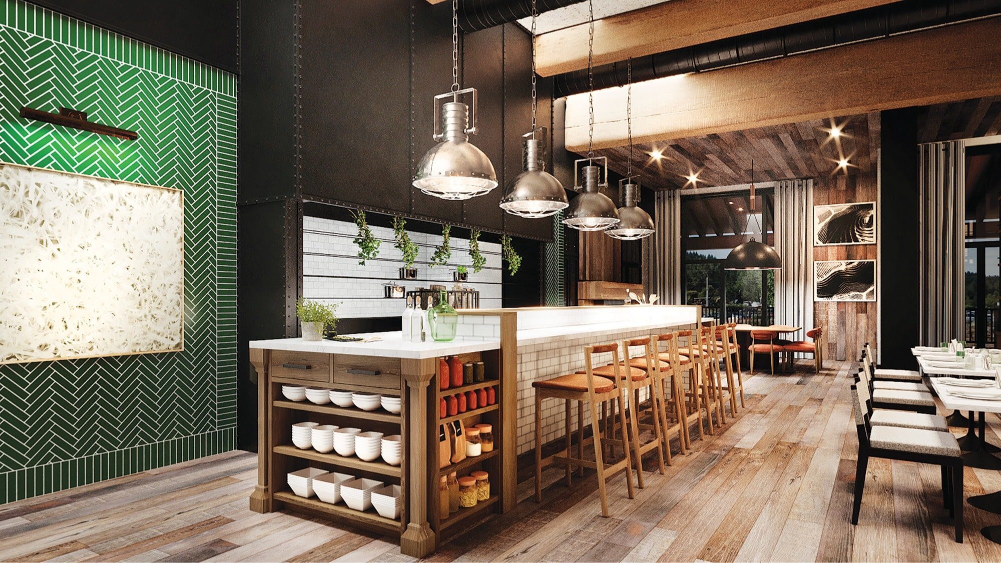 Modern restaurant interior with a central bar, wooden stools, hanging lights, green accent wall, and neatly arranged dishes and utensils on open shelves—reflecting the inviting charm found in many of Seattle's restaurants.