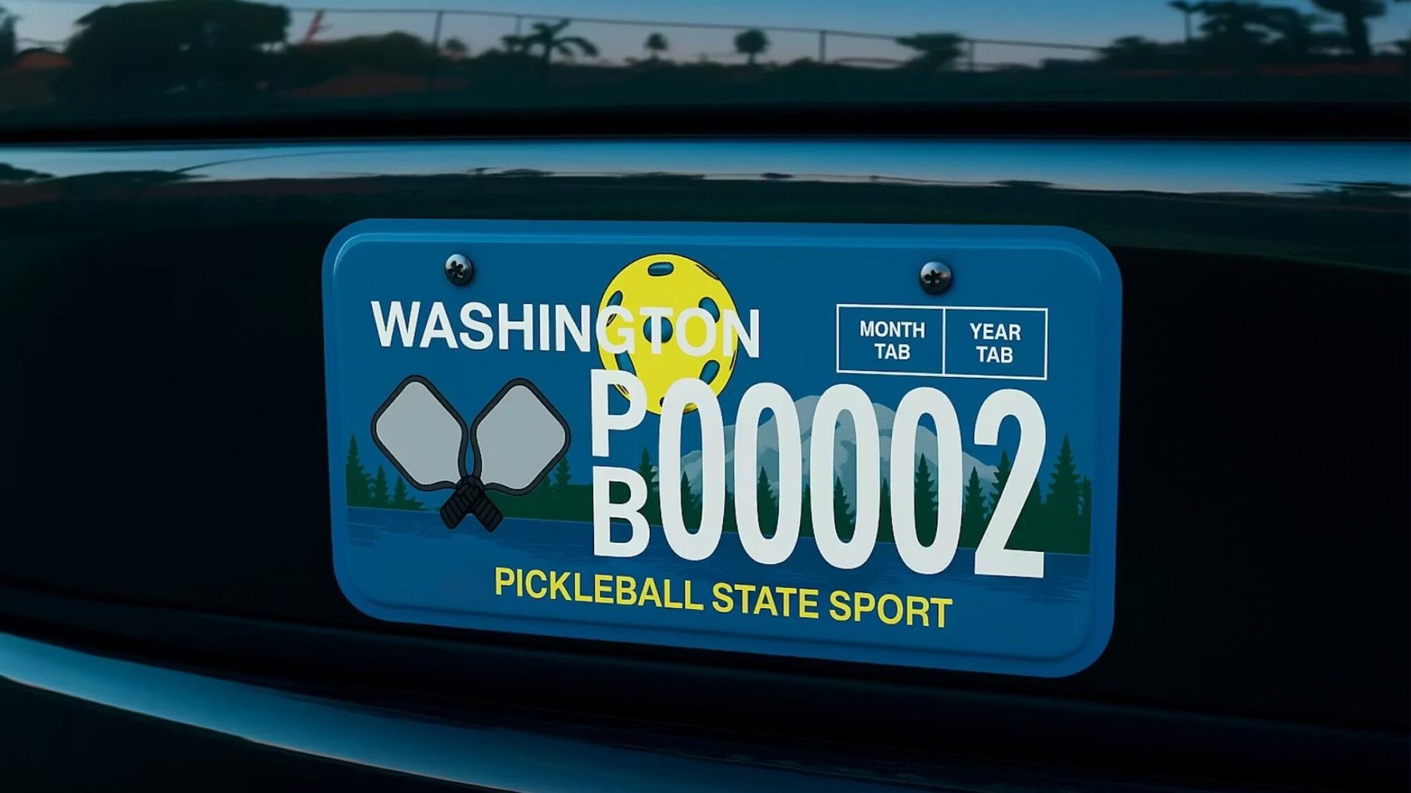 Washington state pickleball plate featuring a yellow pickleball with paddles, labeled "PICKLEBALL STATE SPORT" and the plate number PB00002—a must-have for fans and collectors of unique pickleball accessories.