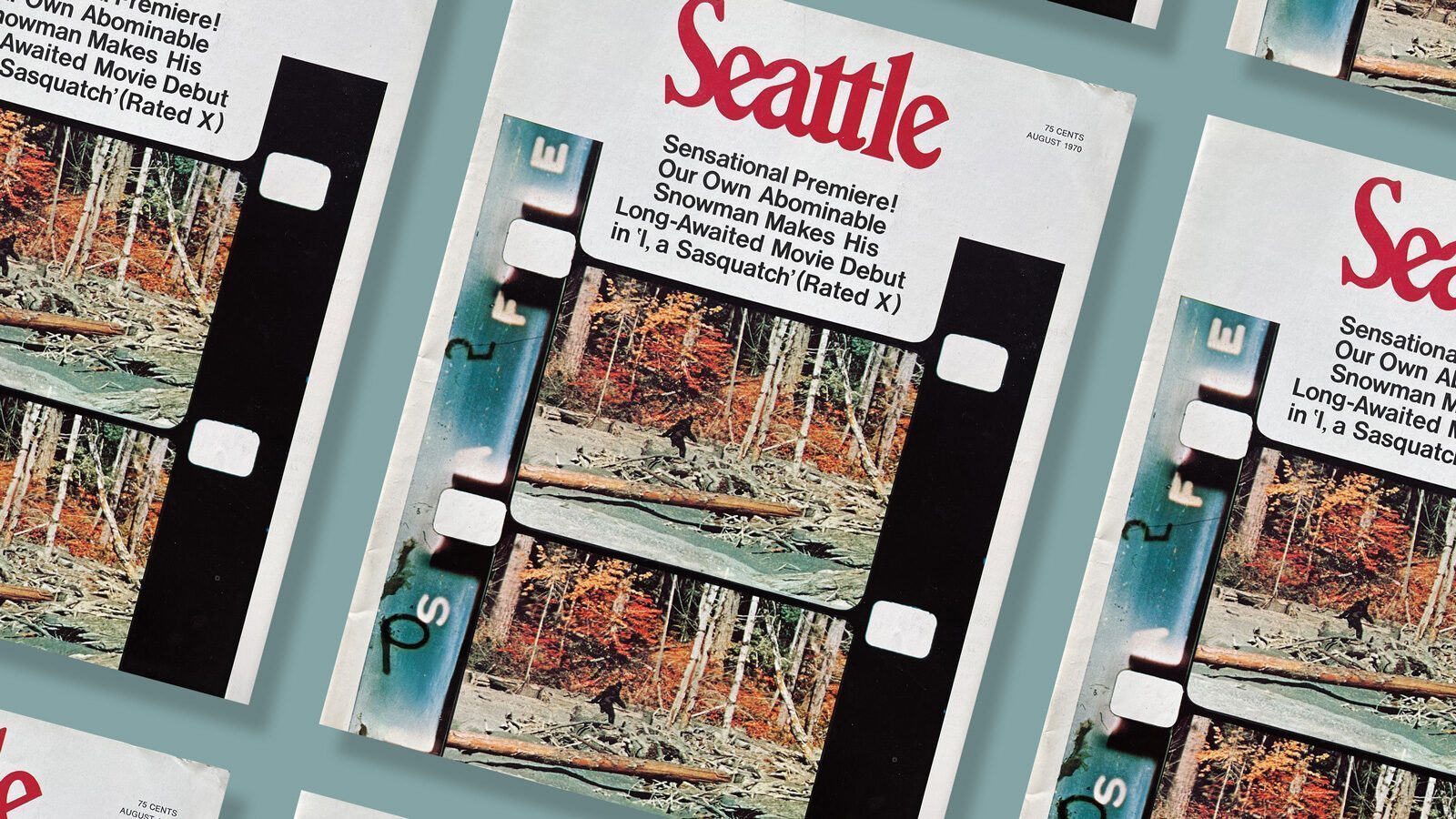 A vintage 1970s Seattle magazine cover features film strips of a forest scene and a headline announcing the debut of a movie about Sasquatch.