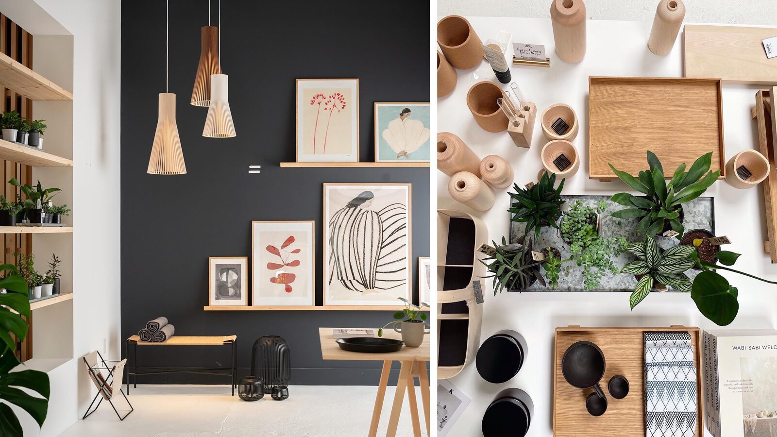 A modern Woodland Mod interior with a black accent wall, wooden shelves, framed art, plants, and pendant lights; right side shows an overhead view of the Best of the Best wooden and ceramic decor items alongside lush greenery.