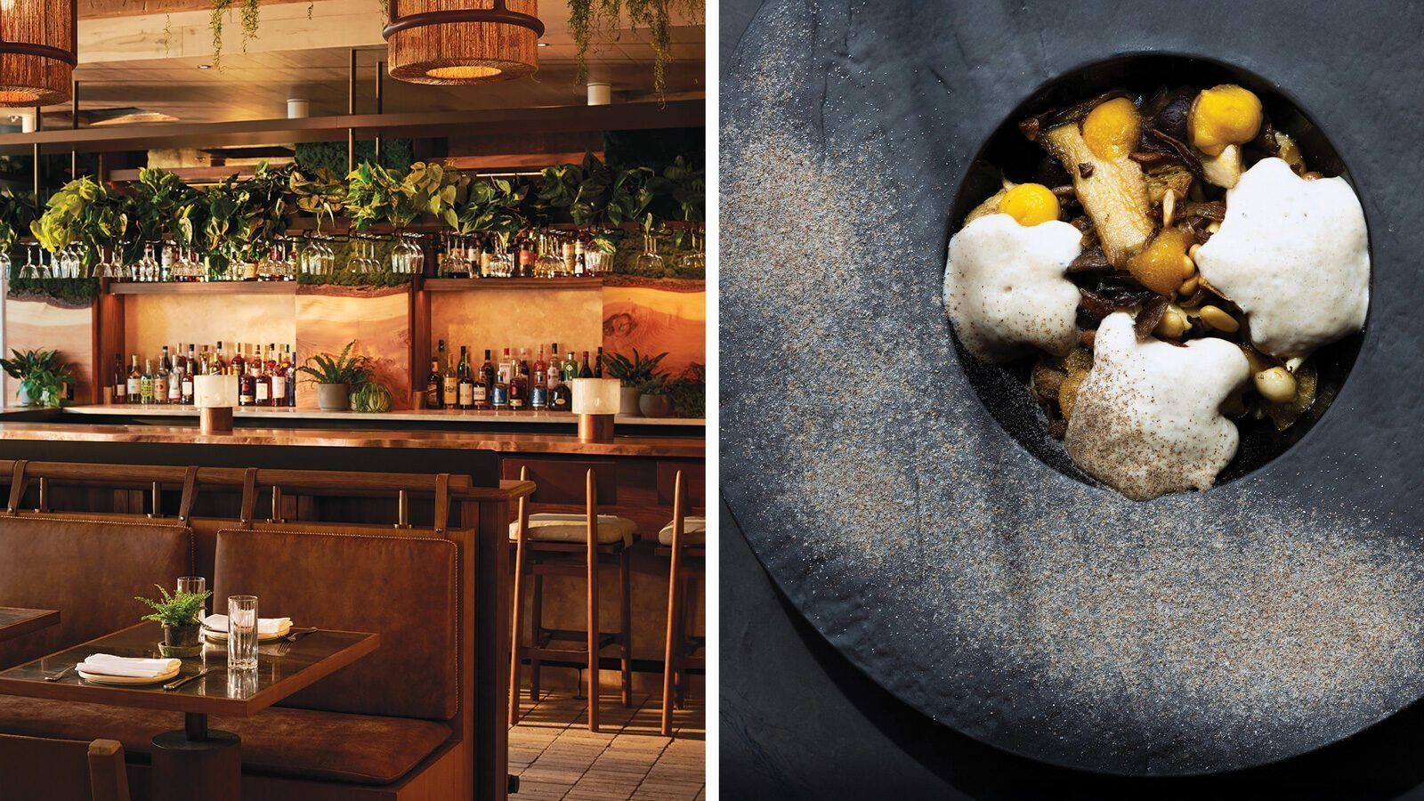 Left: La Loba’s warm restaurant interior features wooden furniture, a stylish bar, and lush green plants. Right: A close-up of chef Oscar Amador’s gourmet dish with foam and assorted ingredients highlights the new restaurant's artistry.
