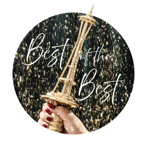 Hand with red nails holding a golden trophy shaped like the Space Needle, with "Best of the Best" text and sparkling background.