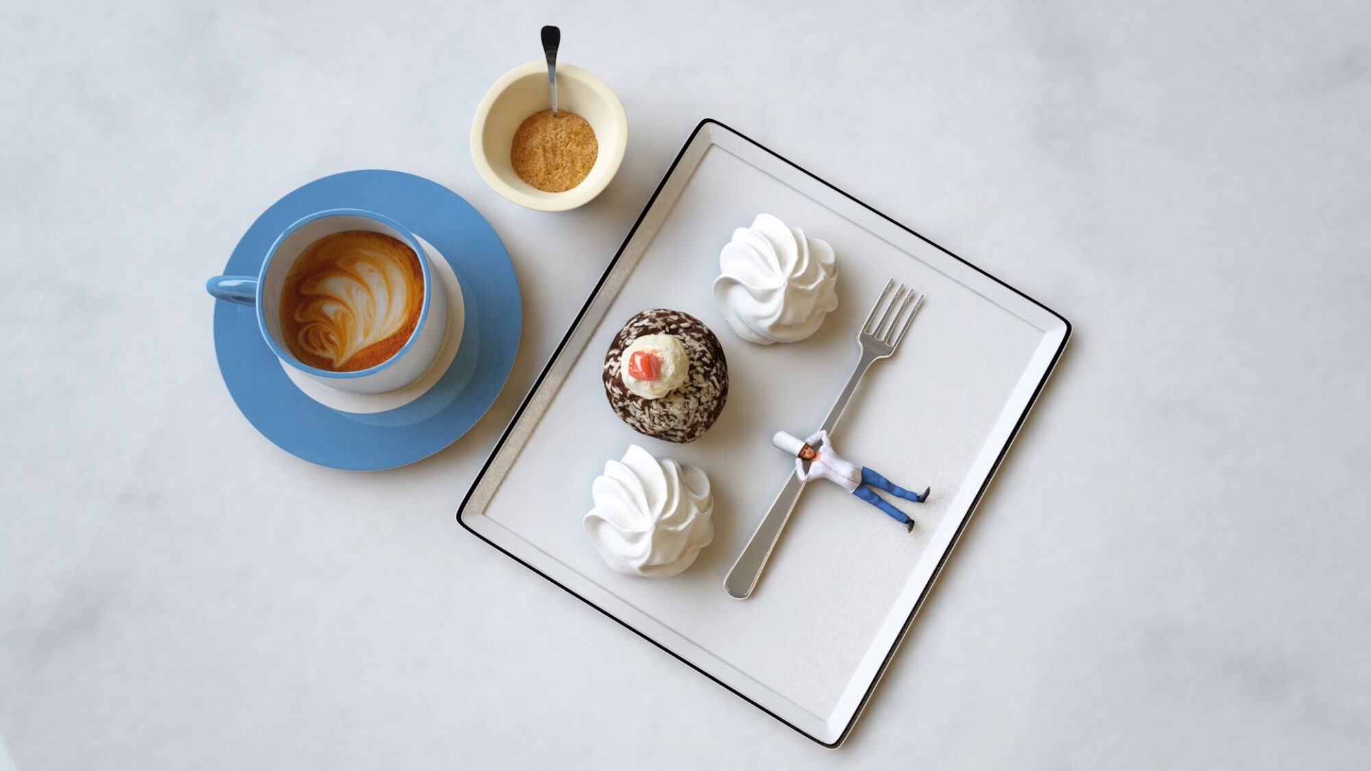 A plate with two meringues, a chocolate dessert, a fork, and a miniature figurine of a man. A cup of coffee and a bowl of brown sugar with a spoon are nearby on a marble surface.